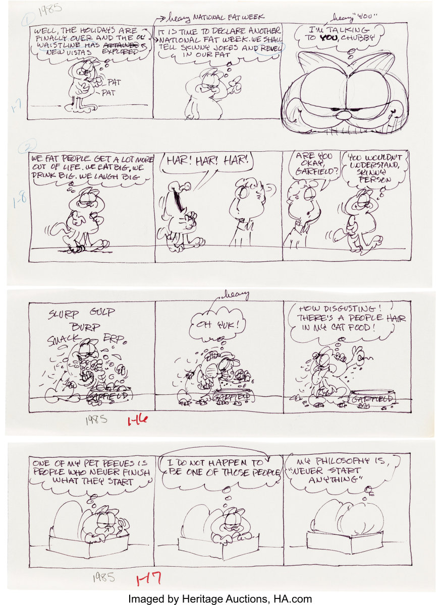 Original preliminary art work of Garfield by Jim Davis from 1985, United Feature Syndicate.