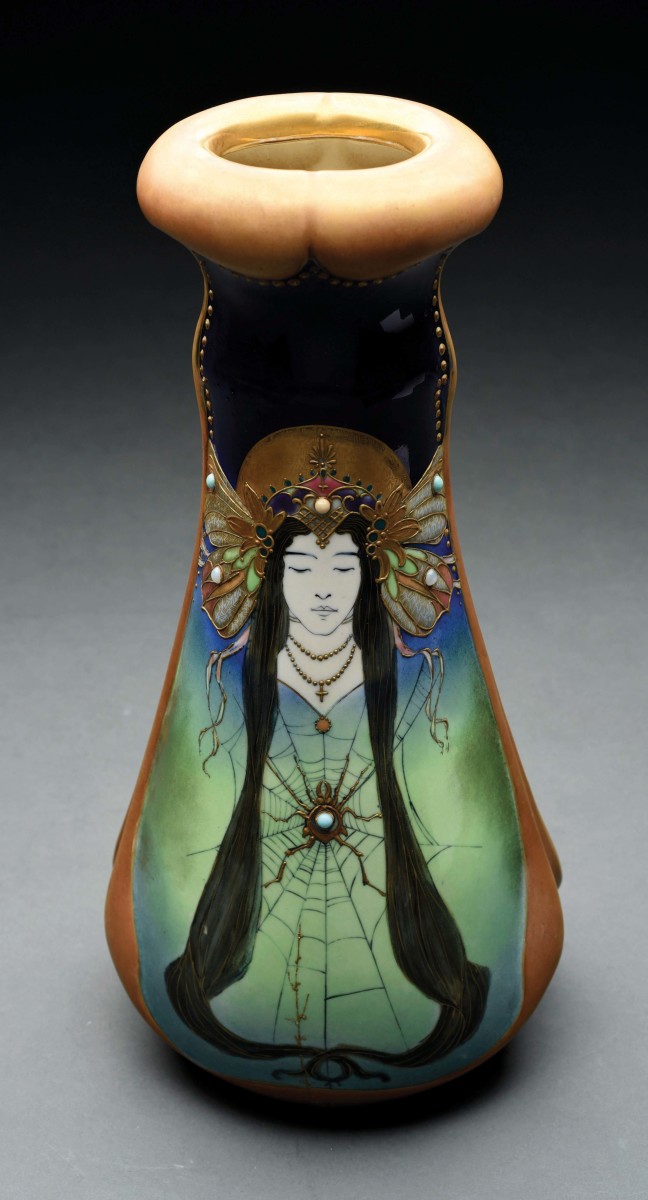 A rare “Spider Lady” vase embodying Art Nouveau high style with an applied-jeweled portrait of a serene lady wearing an elaborate butterfly headdress.