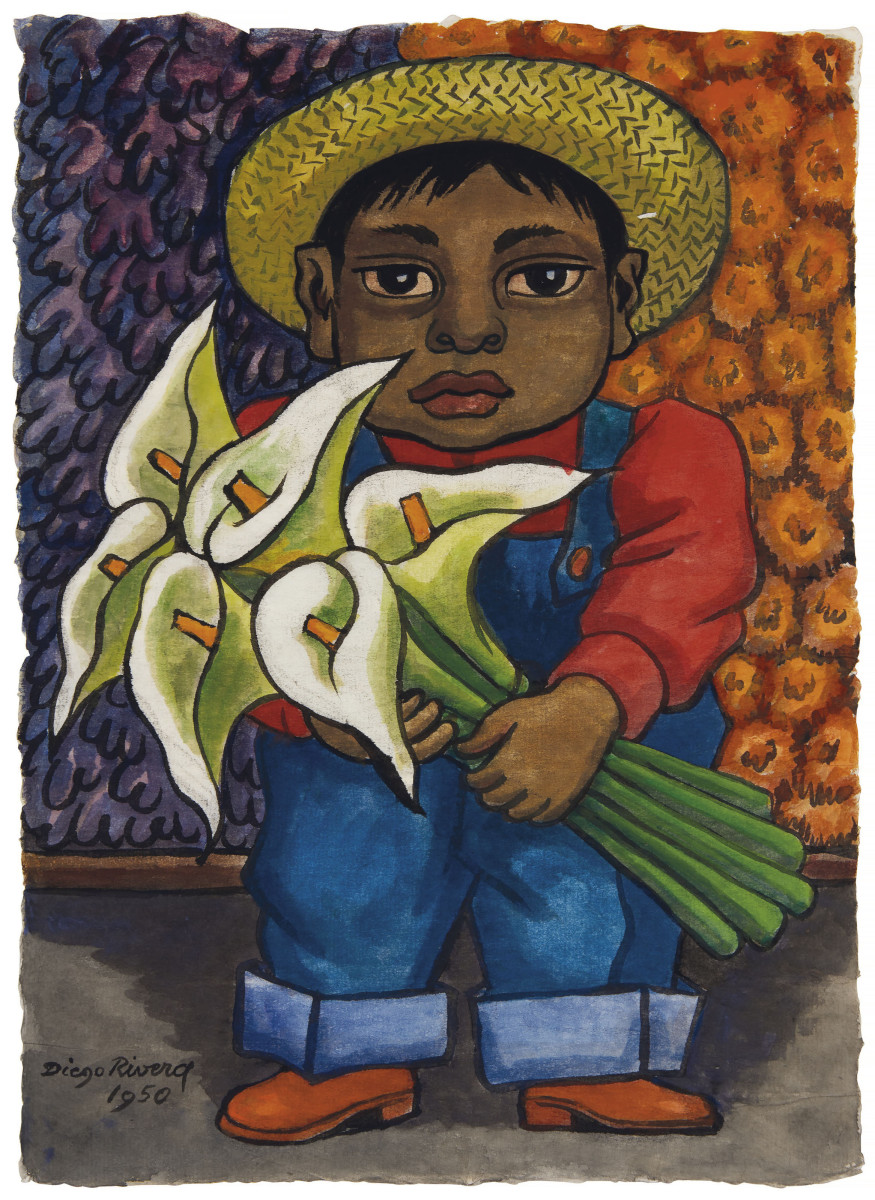 Children were a favorite subject of Rivera, as  were calla lilies, reportedly his favorite flower. Niño con alcatraces, executed in 1950, combines both. This sold for $118,750 in 2018 at Christie’s.