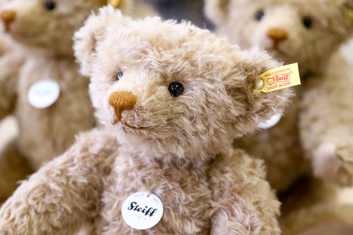 Teddy bears at the Steiff stuffed toy factory in Giengen an der Brenz, Germany. Steiff has been making stuffed teddy bears since the early 20th century.