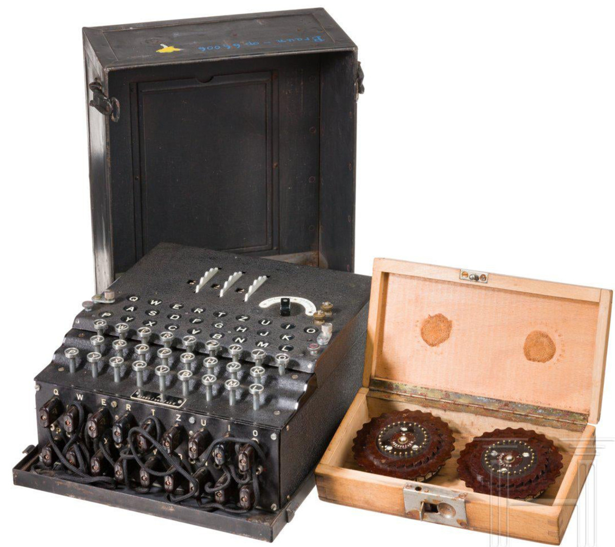 An Enigma I cipher machine, number “A 01093,” original lacquered lid, the nameplate “A 01093/bac/43 E” of the Ertel Werke in Munich from the second batch, supplied from September to December 1943. This model was used in army and air force intelligence divisions from around 1937 onward. Sold at Hermann Historica in 2020 for $100,759.