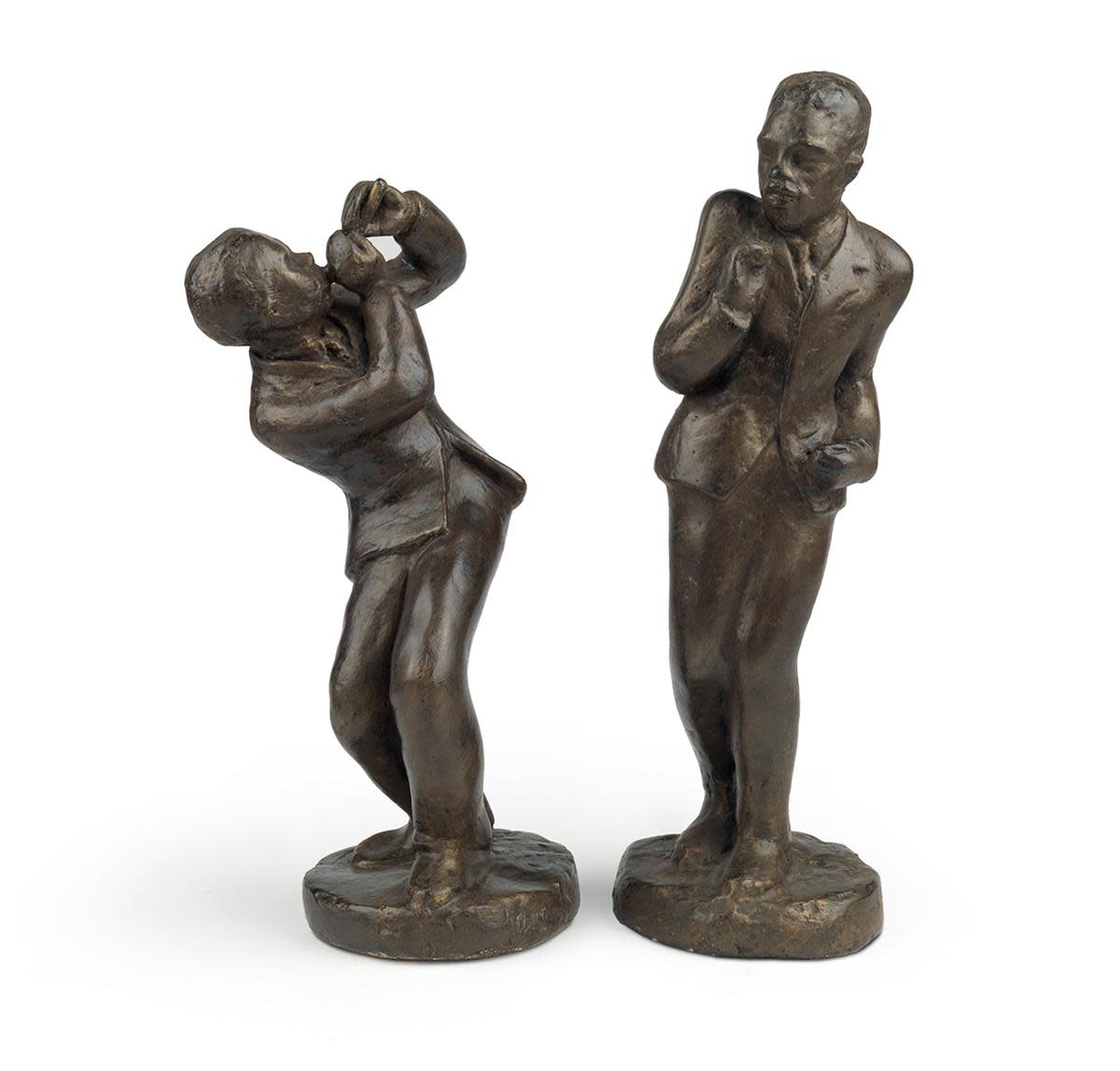 Pair of dancing figures, "Untitled (Flute Player)," painted plaster, circa 1939, approximately 13” h; "Untitled (Dancer)," painted plaster, circa 1939, approximately 15-1/2” h; $32,500. Savage made two other similar sculptures of dancing figures, Susie Q and Truckin’, both also circa 1939.