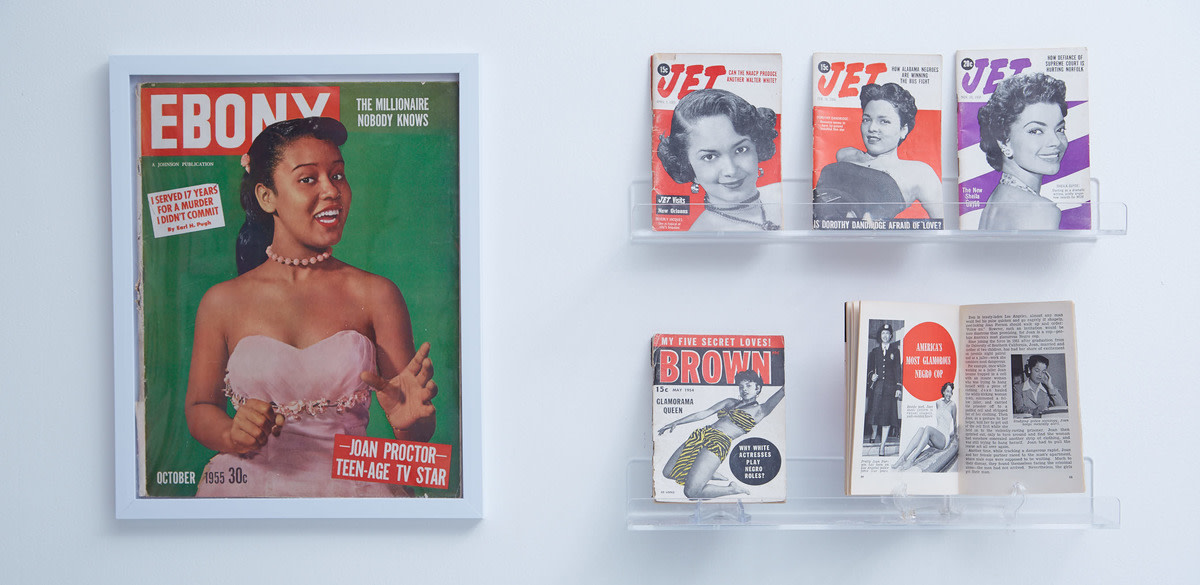 The Black beauty installation addresses at the start of the exhibition the lack of inclusivity of the 1950s era for Women of Color. This collection of magazines from the Makeup Museum’s core collection showcase Black beauty muses in Black-owned magazines of the time.