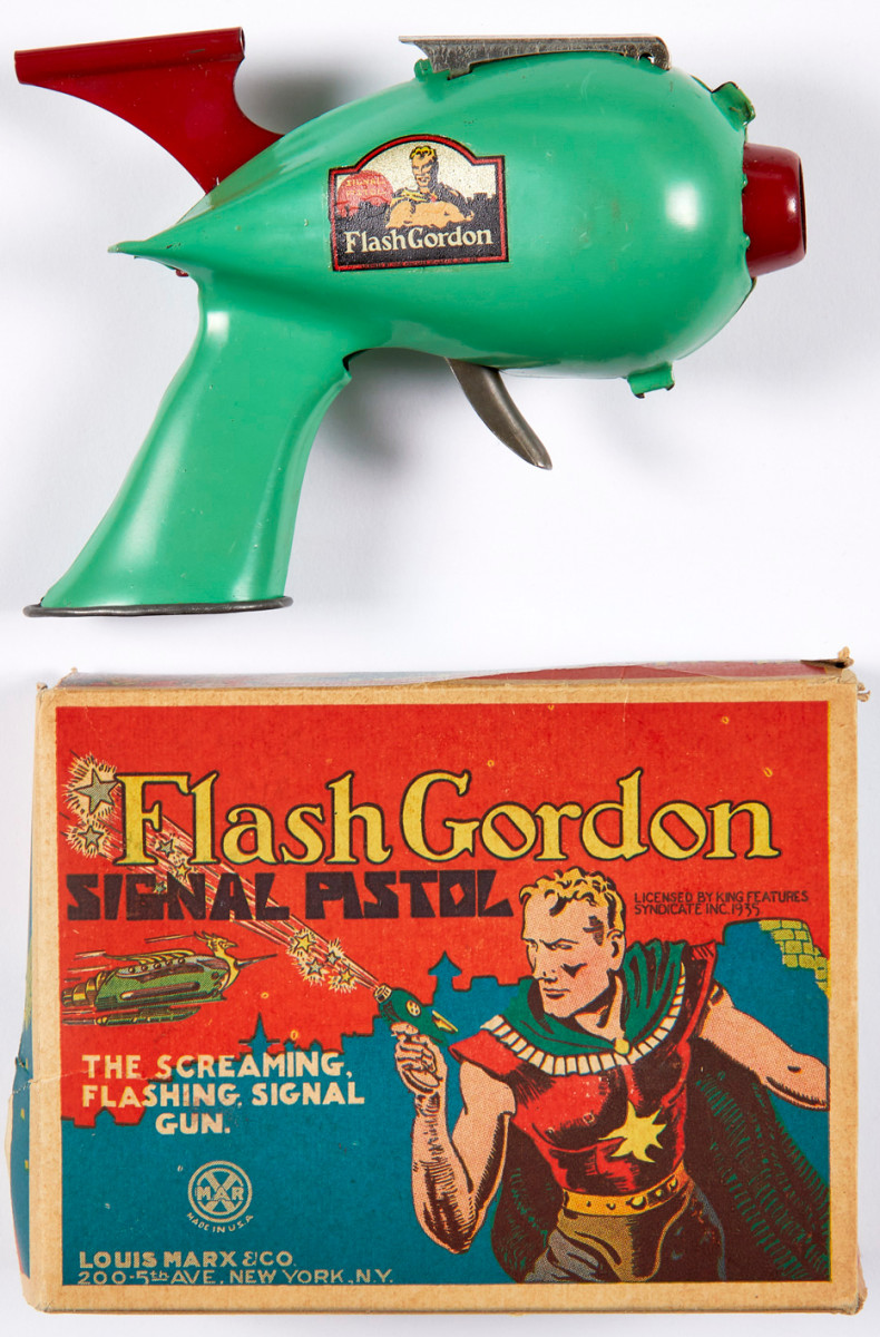 Vintage toys are another top trend with ages 20-40, including wind-up toys and toy guns. Marx tin lithograph Flash Gordon Signal Pistol with the original box,  7” l; $3,172.