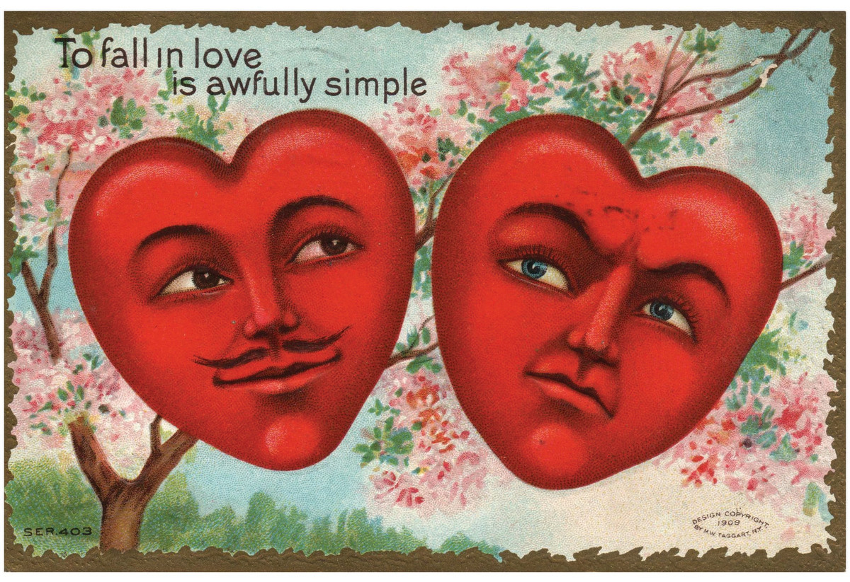 This eye-catching embossed card features a romantic pair of faces on two large hearts in front of a blooming spring tree. It was published by Taggart in 1909, is postmarked 1910 and is series numbered 403; $6.