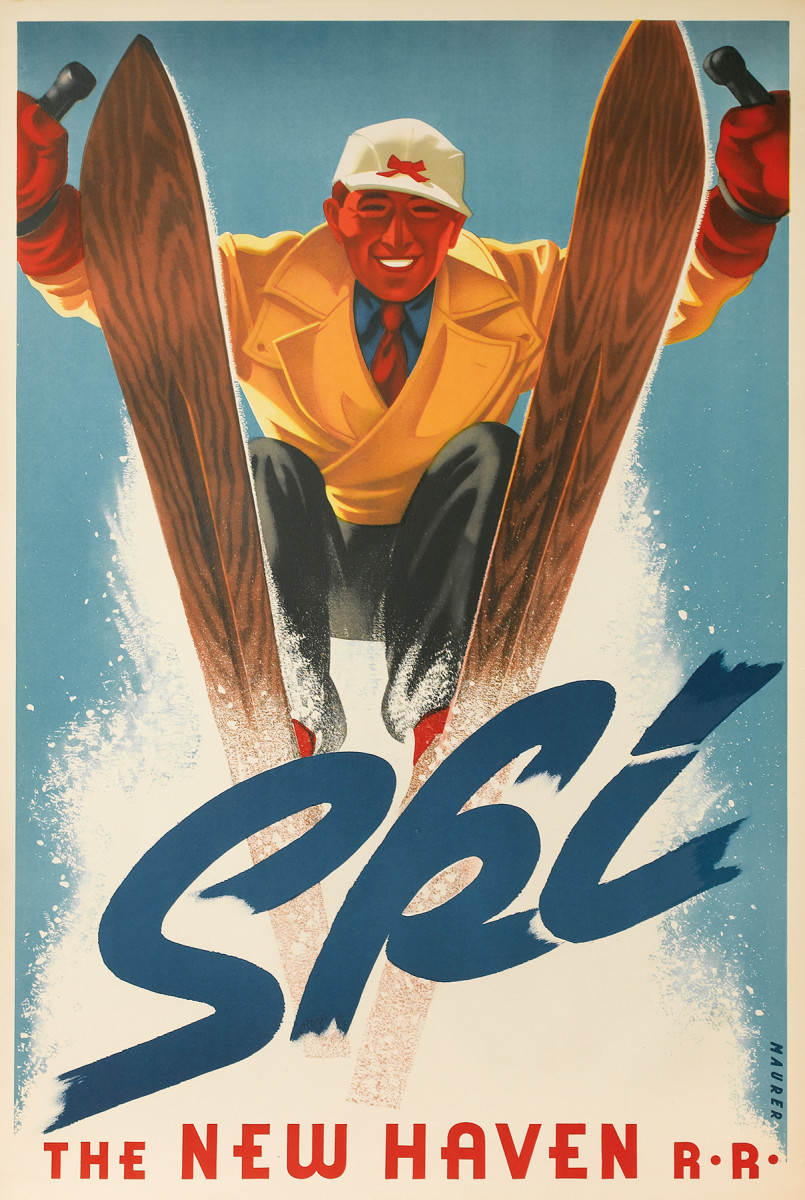 3. Sascha Maurer, 1938.  In addition to being a world class designer, Maurer was also an avid skier. His love for the sport is apparent in many of his posters. Maurer spent many years working for the New Haven Railroad and designed more than a dozen posters for them, many of which advertised using the railroad to go skiing. Personally, I find the dynamism of this poster so strong that it keeps the viewer from noticing that the man is skiing in a tie.