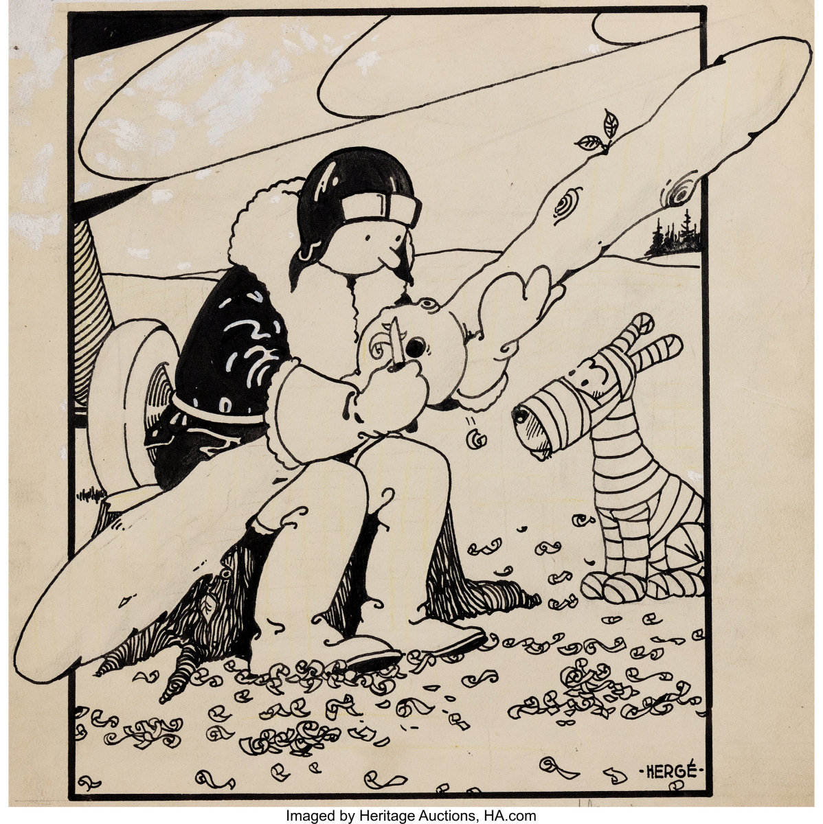 The very first published Tintin cover ever offered at auction: The Adventures of Tintin Vol. 1: Tintin in the Land of the Soviets, by Hergé (1907-1983). This original cover art, ink on paper, which sold for $1.1 million, is one of the notable lots that sold at Heritage Auctions in 2019. Hergé, whose real name is George Remi, is considered the star of European comics and his success is global.