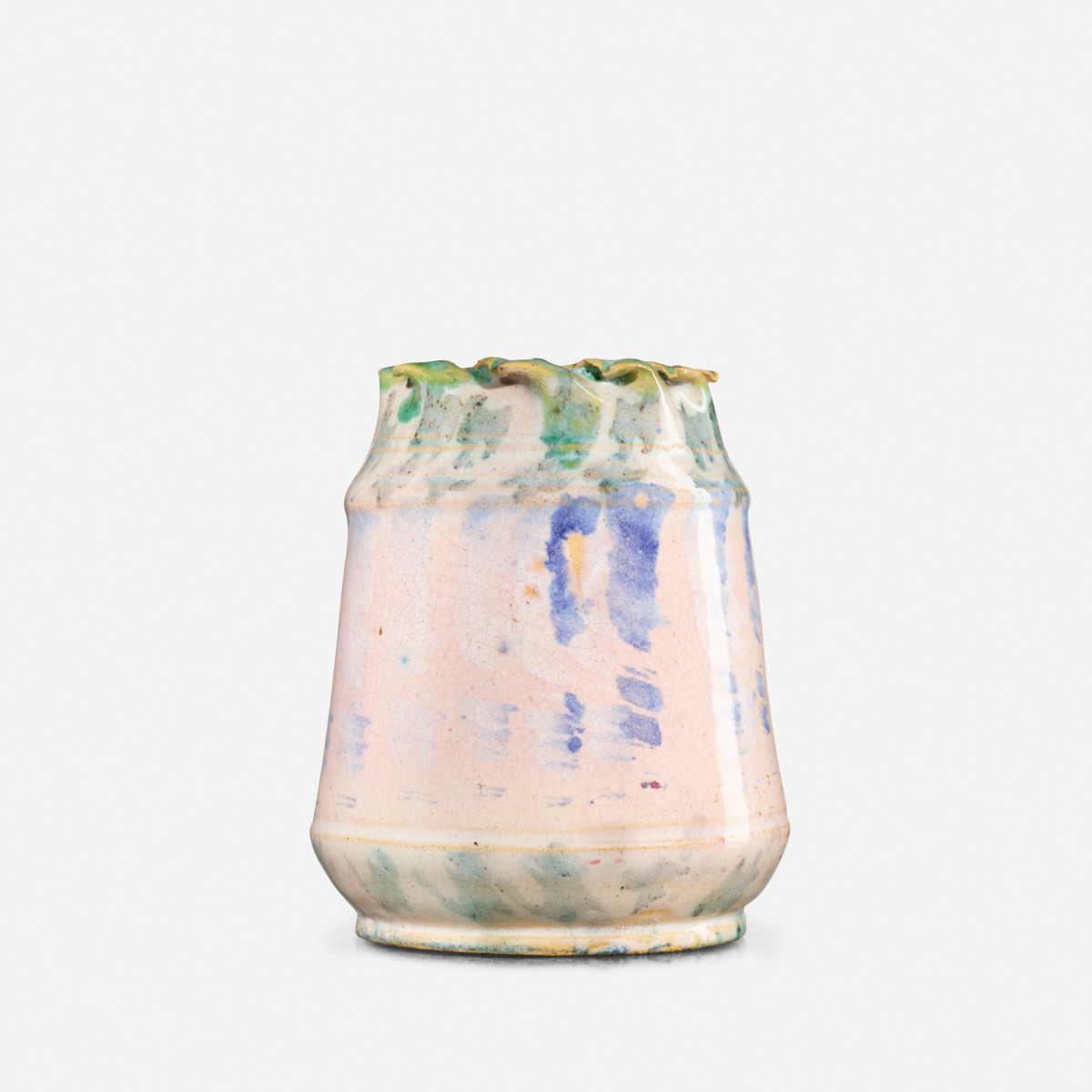 Ohr gave this vase a ruffled rim and an unusual pastel glaze, 1897-1900, 3-3/4” h × 3” dia; sold at Rago for $8,125.