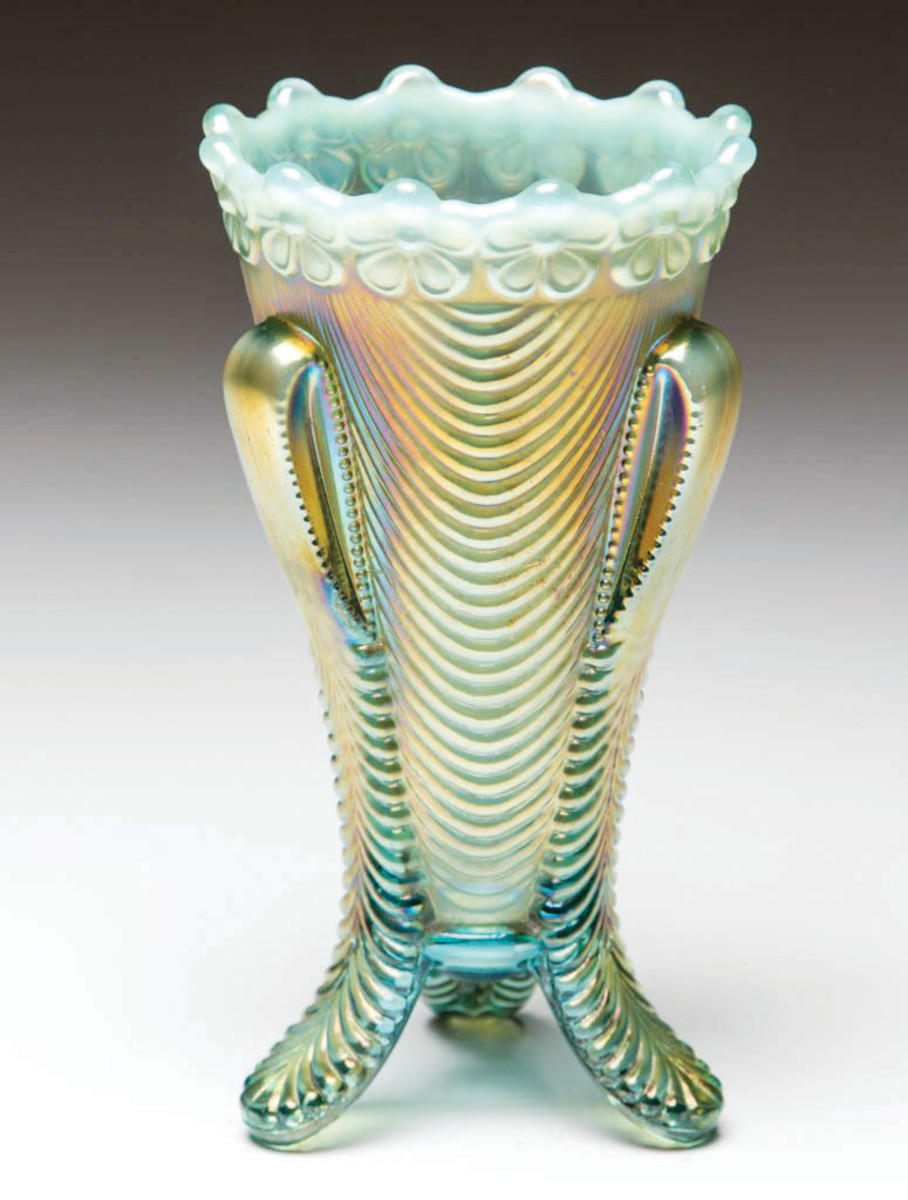 Daisy and Drape pattern carnival glass vase, H. Northwood Co.
