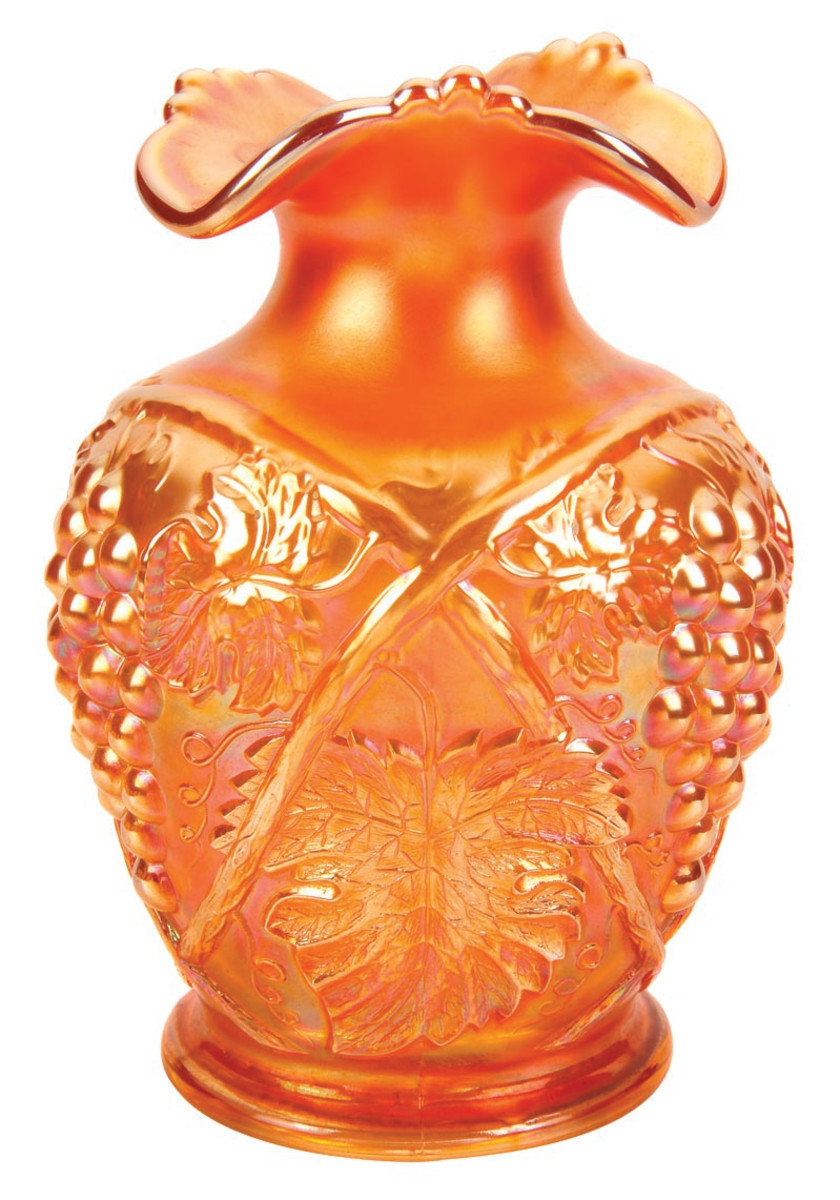 Palm Beach carnival glass vase, whimsy, marigold, made by U.S. Glass, 6 1/2” high,  3 1/2” base.