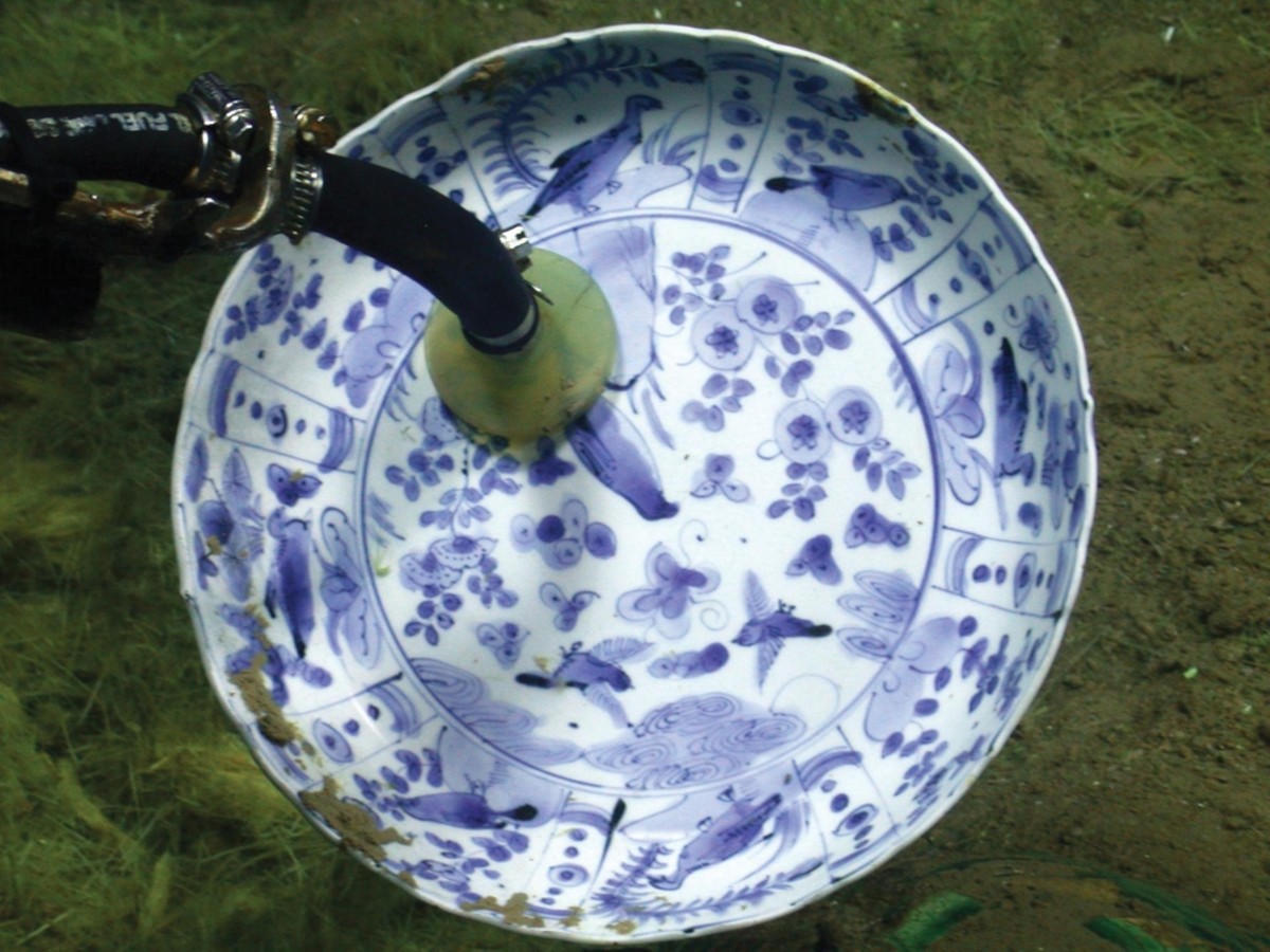 A closeup of one of the Chinese Ming porcelain pieces.