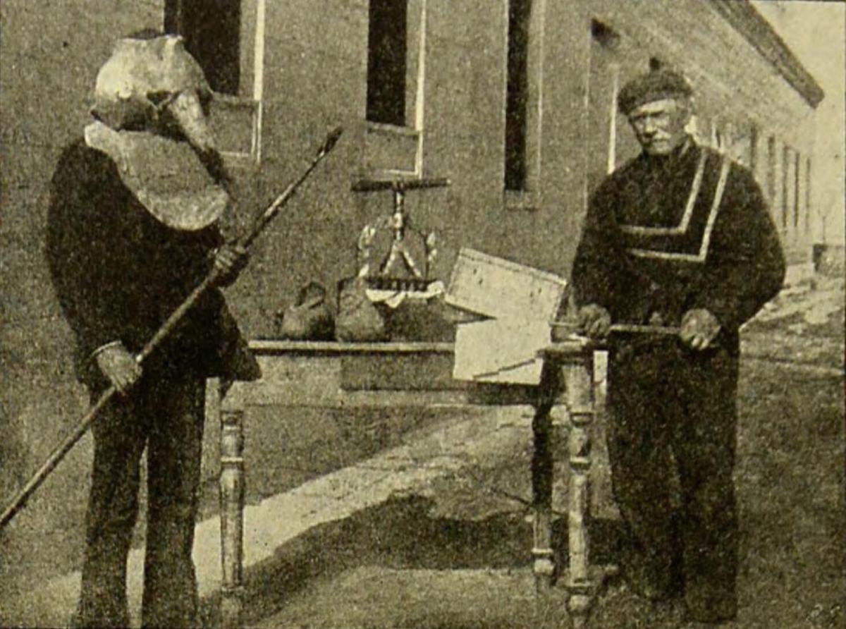 This photograph of a plague doctor was taken on Poveglia, a tiny Venetian island which, for more than a century from 1793, acted as a plague quarantine station (and eventual grave) for an estimated 160,000 people. According to Theodor Weyl’s On the History of Social Hygiene (1904) — where it was originally printed — the photo shows one man wearing a vintage plague mask, found on the island in 1889, while the other holds some kind of iron device used in the disinfection of a cache of letters, also found on the island.
