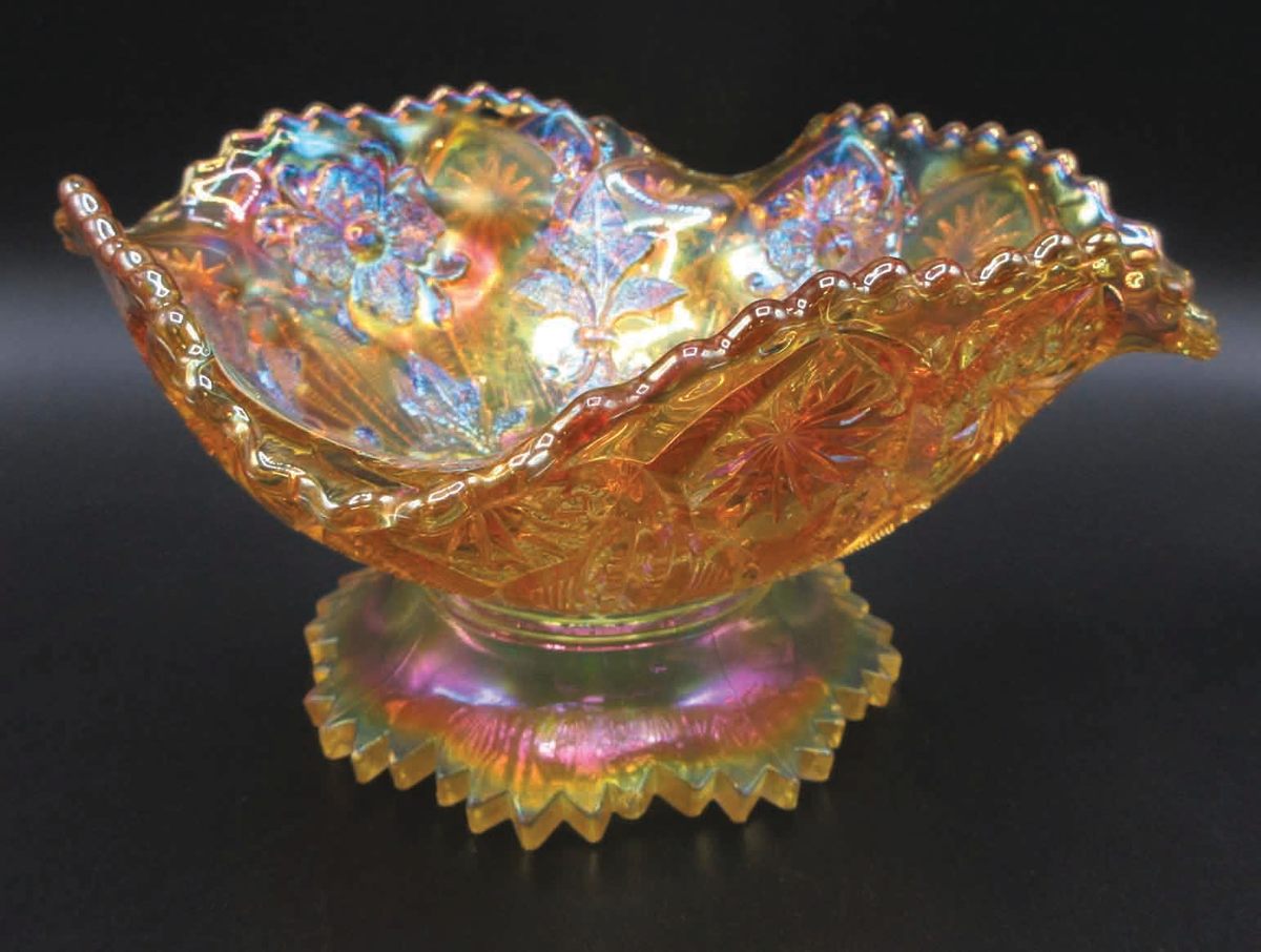 Millersburg 9" vaseline Fleur de lys dome footedsquare bowl, extremely rare and outstanding blue iridescence.