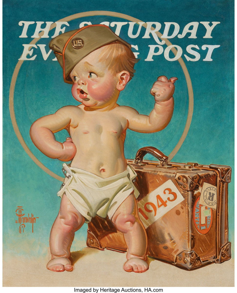 "New Year's Baby Hitching to War," The Saturday Evening Post unpublished cover, 1943, by illustrator Joseph Christian Leyendecker (American, 1874-1951)