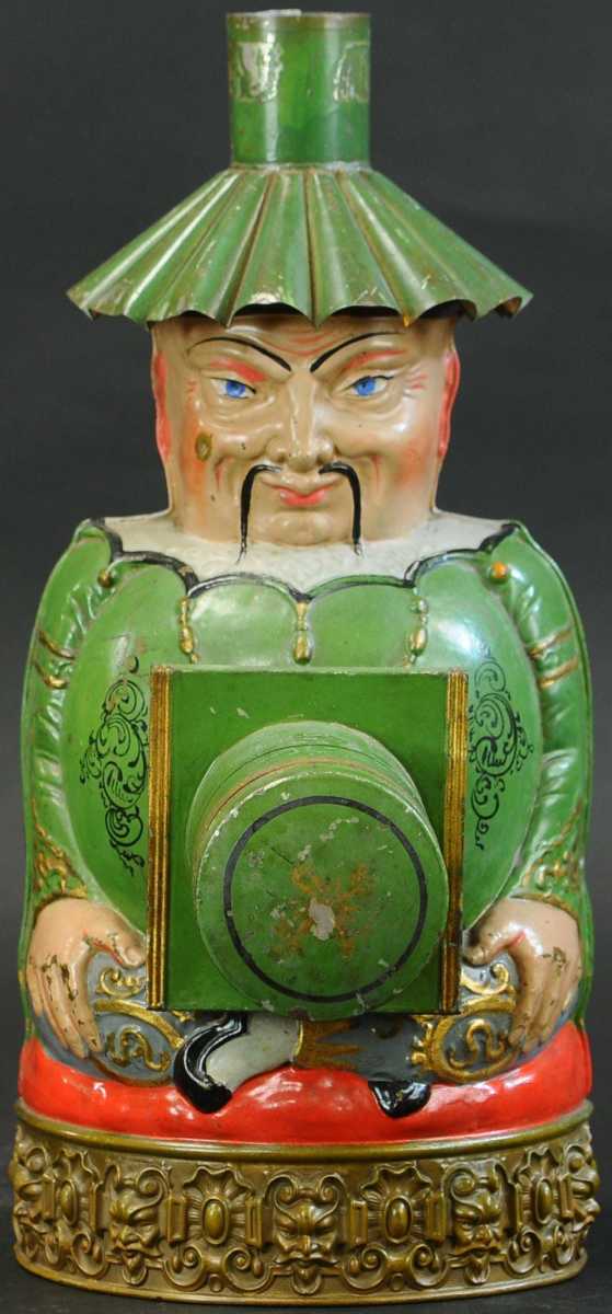 Chinaman Magic Lantern, French, circa 1870, was the top lot on day two of the sale, bringing $38,000. The figure, also referred to as "Buddha," is hand painted with a brass edged border that has gargoyle motif. It is extremely rare and the most desirable of all magic lanterns; 16-1/2" h.
