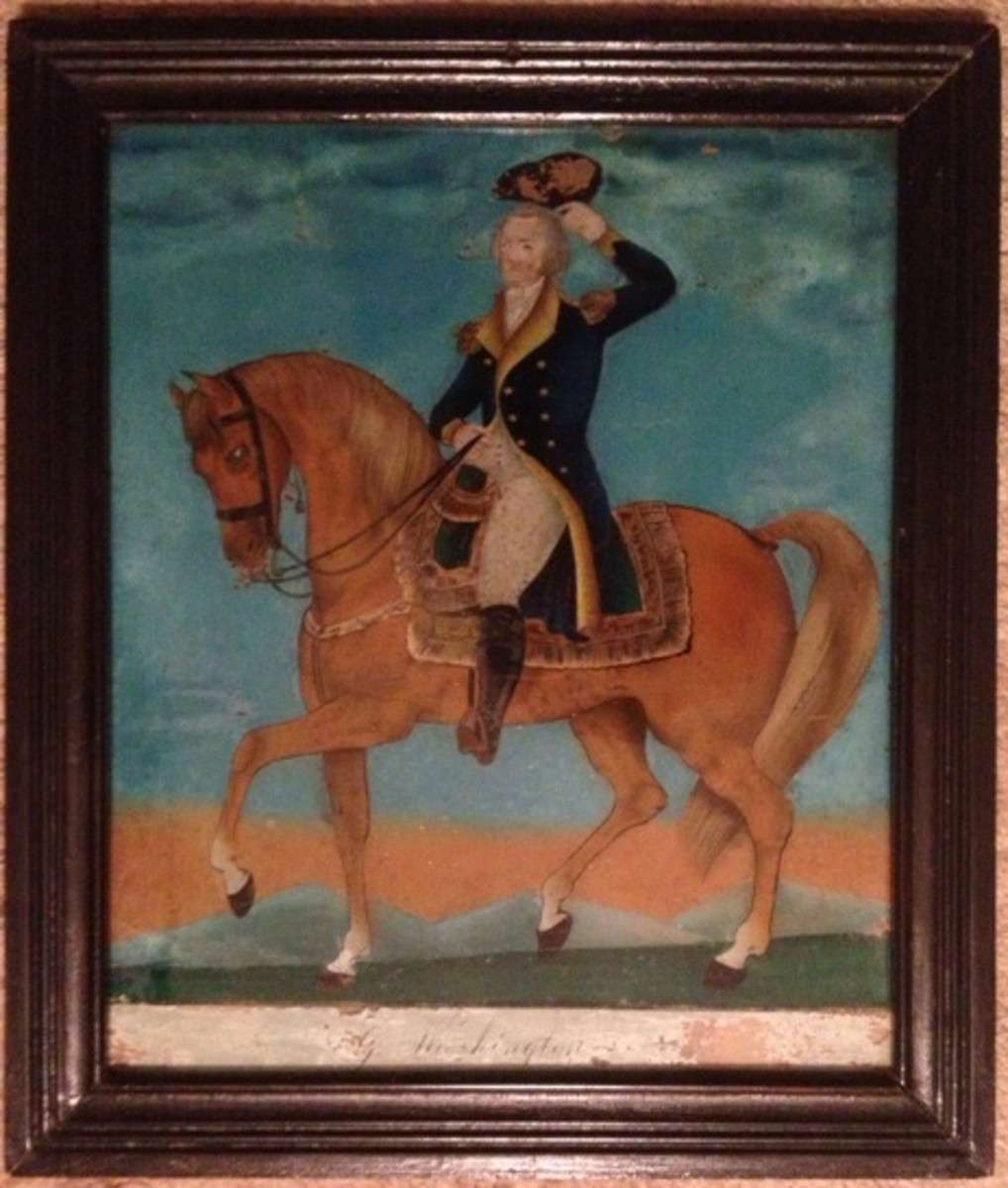 A circa 1825 reverse-painted glass image of George Washington in original frame.
