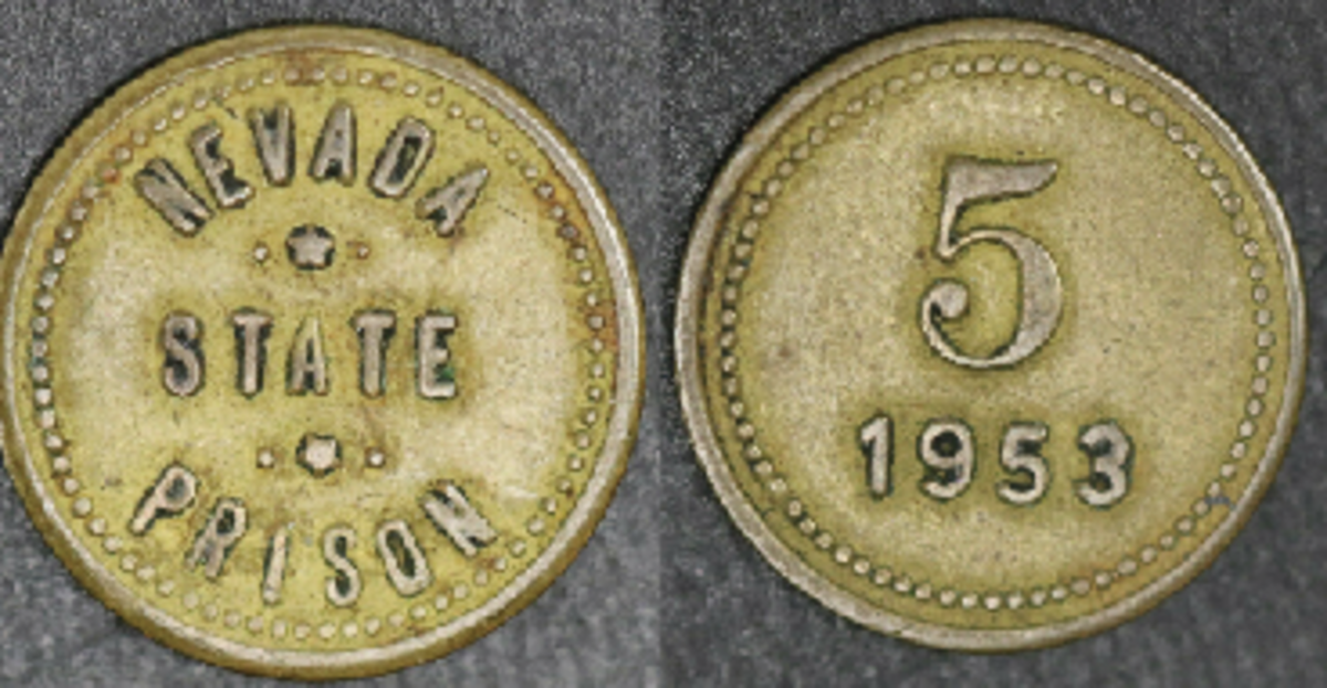 This 1953 Carson City Nevada State Prison “5“ brass token, 18mm, sold on eBay in July for $39.96. The seller sold another 1953 token in June for $37.99.