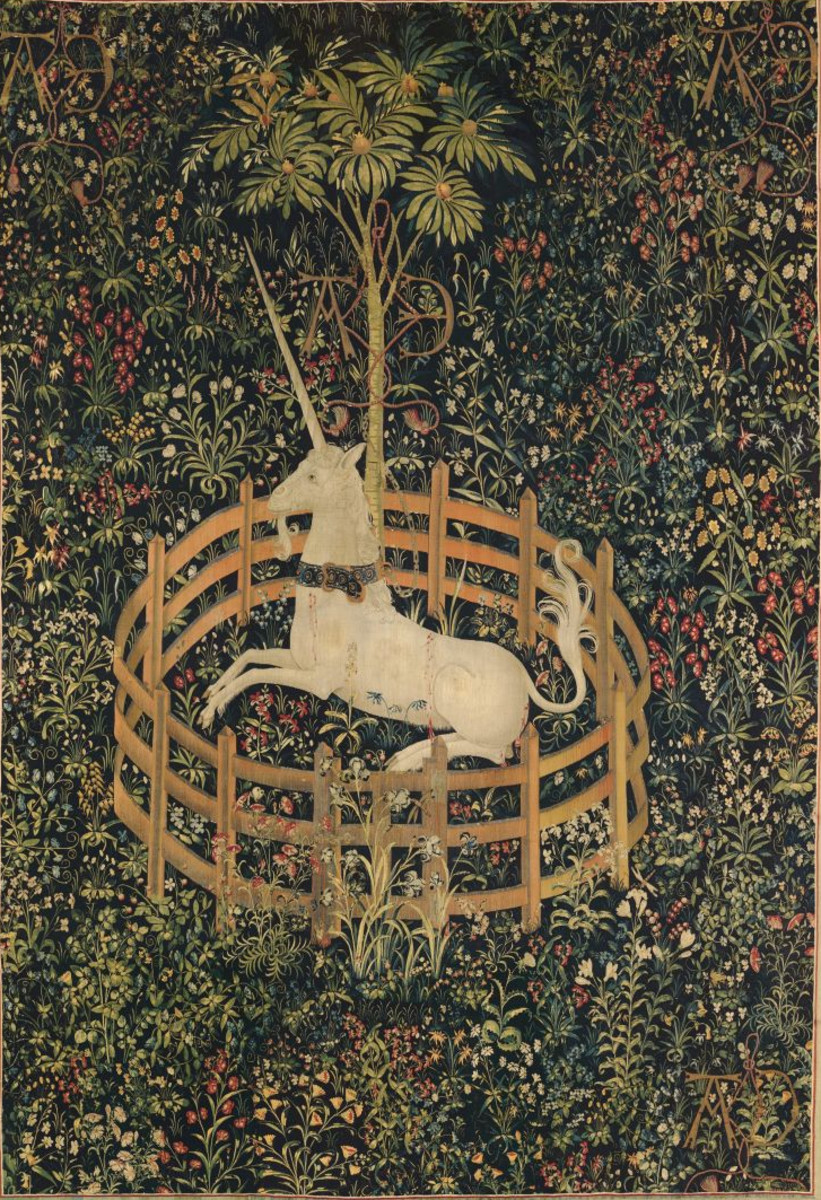 Tapestry 7: The Unicorn in Captivity. This tapestry shows the unicorn alive and well, and entirely tamed. He is fenced in and chained to a tree, but the chain is less than secure and the fence is low enough to leap over. He has submitted to his captivity. The red stains on his flank, according to the Met, “do not appear to be blood, as there are no visible wounds like those in the hunting series; rather, they represent juice dripping from bursting pomegranates” — a medieval symbol of marriage and fertility. Many of the other plants represented here, such as wild orchid and thistle, echo this theme of marriage and procreation: they were acclaimed in the Middle Ages as fertility aids for both men and women.