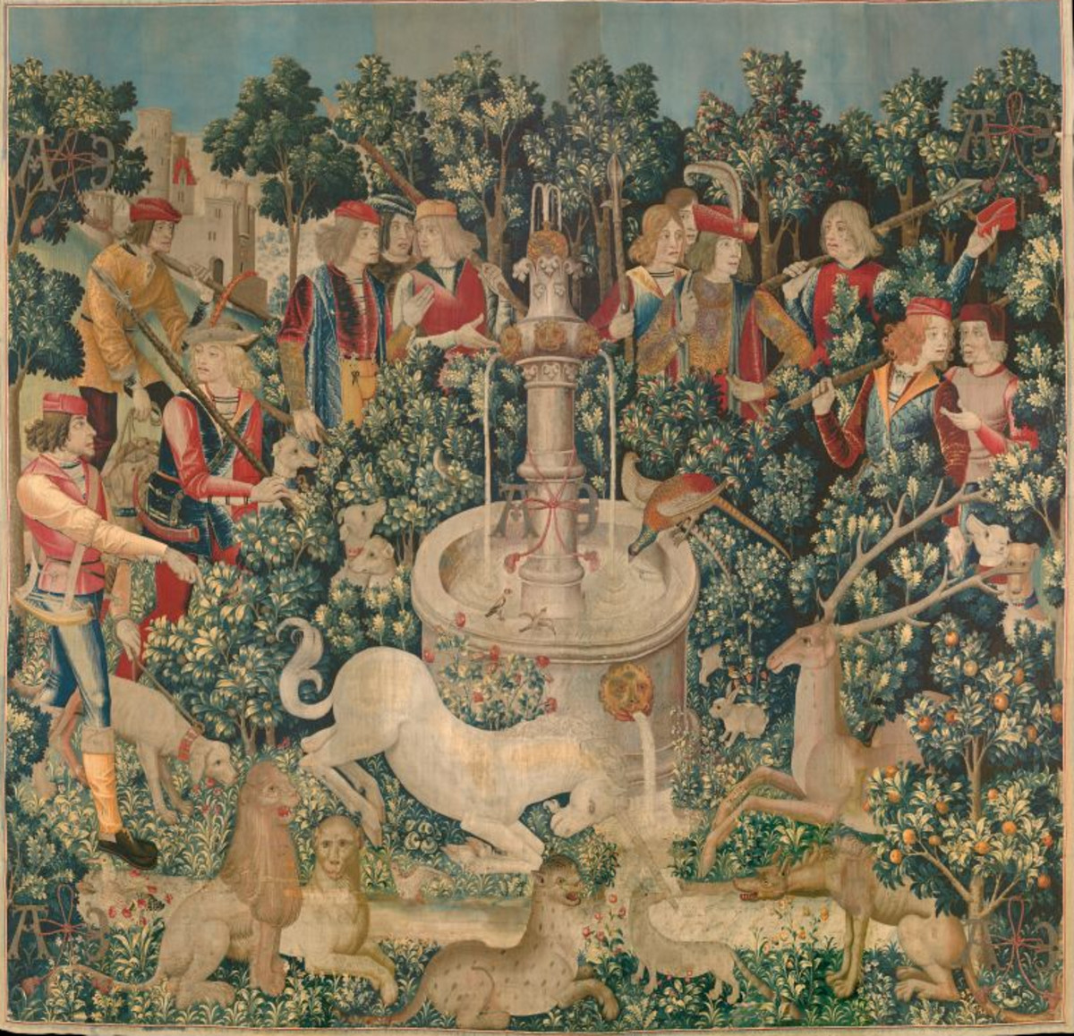 Tapestry 2: The Unicorn is Found. In this tapestry, the unicorn kneels before a tall white fountain that has a pair of pheasants and a pair of goldfinches perched on its edge. Other animals both exotic and native to Europe lounge about, while twelve hunters in the back of the scene discuss the discovery of their quarry. Flora and fauna play a significant role in the narratives of the Unicorn Tapestries. Plants prescribed in medieval herbals as antidotes to poisoning, such as sage, pot marigolds, and orange, are positioned near the stream, which is being purified by the unicorn's magic horn.