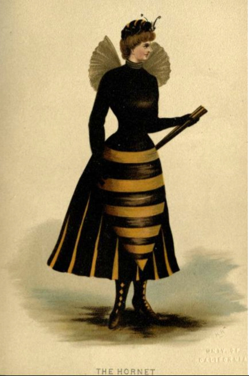 The Hornet: "Short black or brown dress of velvet or satin; boots to match; tunic pointed back and front, with gold stripes; satin bodice of black or brown with gold gauze wings; cap of velvet with eyes and antennae of insect."