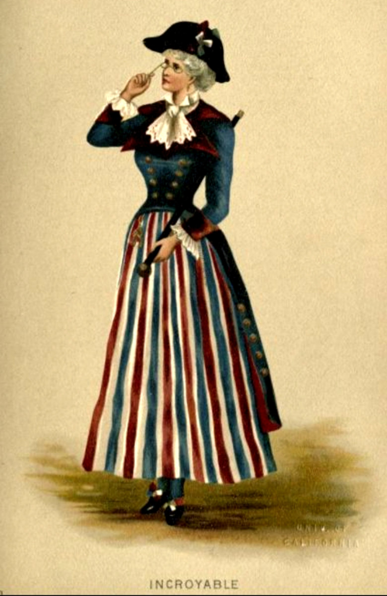 "Incroyable" is another costume Holt recommended for Calico balls and said this is “a very favorite costume,” featuring a short red, white, and blue skirt and blue satin coat with gold buttons. The term incroyable was originally used for fashionable young men in the Paris of the 1790s, whose close-fitting garments in loud stripes with exaggeratedly large lapels and buttons can be seen as an influence here. Holt also recommended an old-fashioned gold-headed cane, fob, eyeglass.