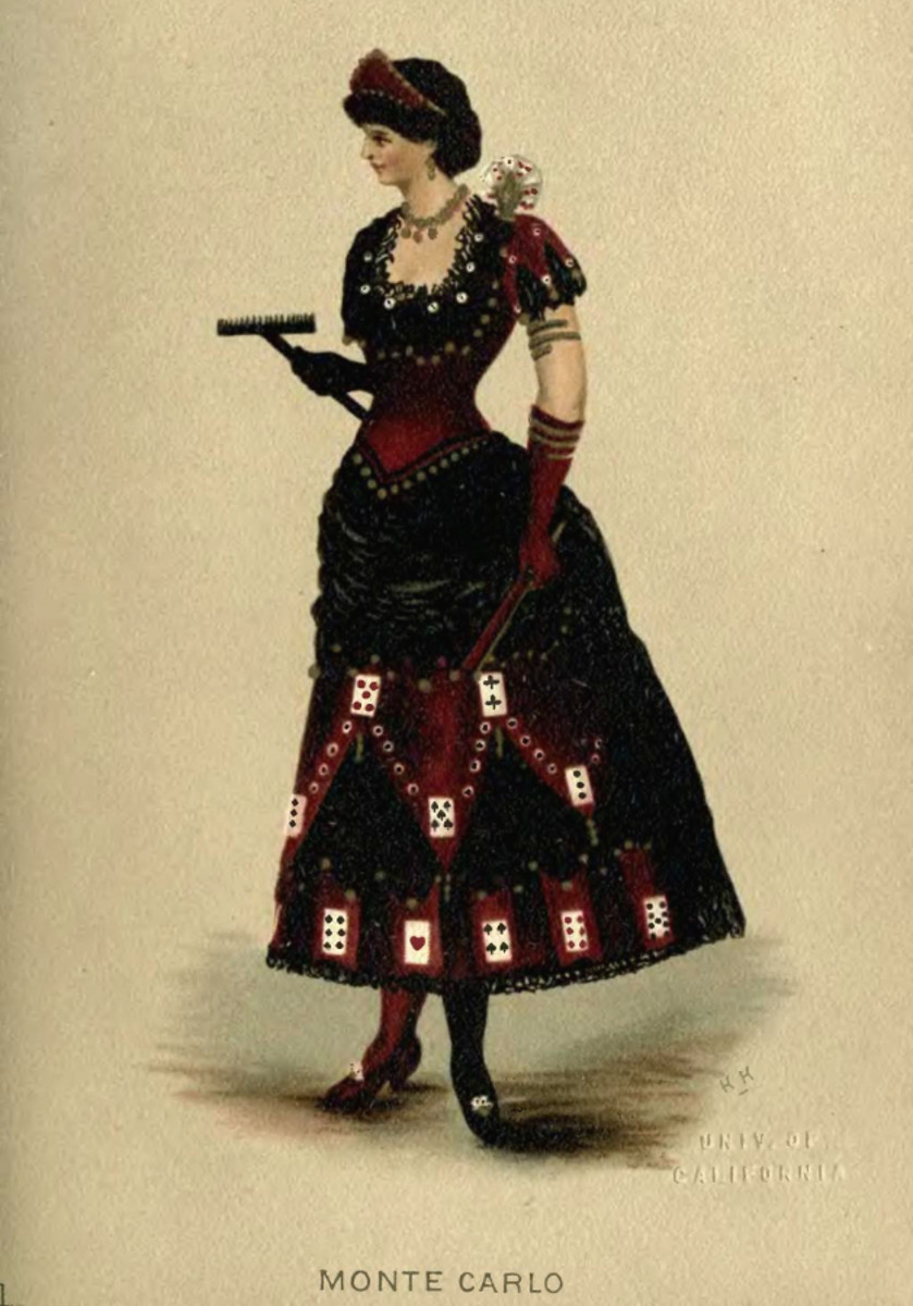 Another game-themed costume is the Monte Carlo: Half red satin, half black velvet and lace dress; one shoe red, one black; short skirt fringed with coins, and trimmed with cards; pointed coronet of red satin, with aigrette of cards on shoulder; croupier's rake carried in hand; and Rouge et Noir.