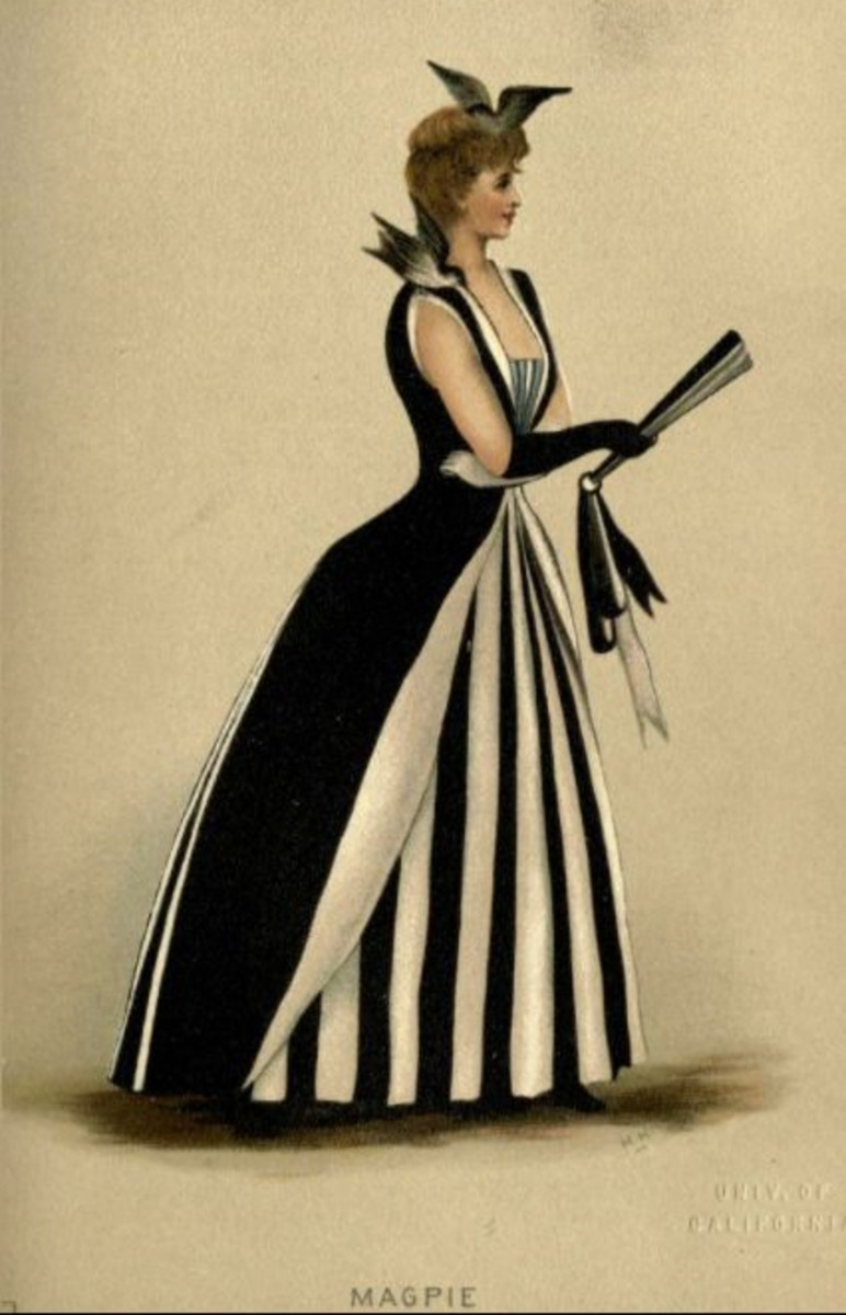 Magpie: Holt said this Magpie costume would be suitable for Calico Balls, in which women were encouraged to wear calico dresses, which could then be given to the poor. This costume is meant to be black on one side and white on the other and has a half black, half white dress, with hair powdered on one side only,  one glove and one shoe black, one white. Also features a magpie on the right shoulder and one on the head.