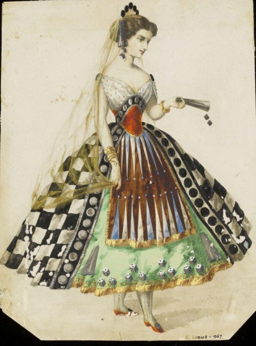 This design was possibly created by Léon Sault for Charles Frederick Worth. Although the specific name of the costume is not known, it is obviously based on games such as checkers (which forms the overskirt), backgammon (the apron) and dice (used as trimmings throughout. The draughts or checkers are also used to trim the borders of the skirt and the bodice. The models' headdress features a dice-shaker attached to the side of her head, with two dice on strings dangling from it.