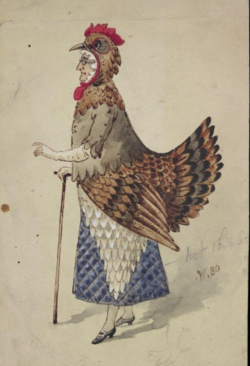 Costume design for a "Hen Woman" by Wilhelm, unidentified production, 1880.
