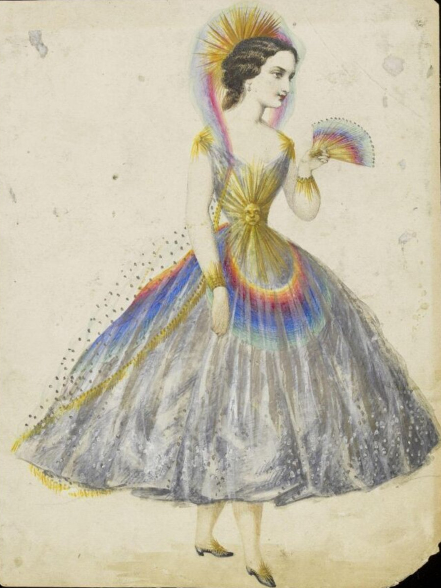 This design was created by Léon Sault, possibly for Charles Frederick Worth. It embodies a rainbow. The gray-blue crinoline dress is overlaid with tulle with applied beads to suggest raindrops, and embellished with a large gold sun on the bodice. Another sun forms the headdress, which is overlaid with a sheer tulle veil tinted in rainbow colors. The overskirt is also colored with rainbows, and the model carries a matching fan and wears shoes trimmed with golden suns. While the design is essentially very simple by nineteenth century standards, it is quite effective.