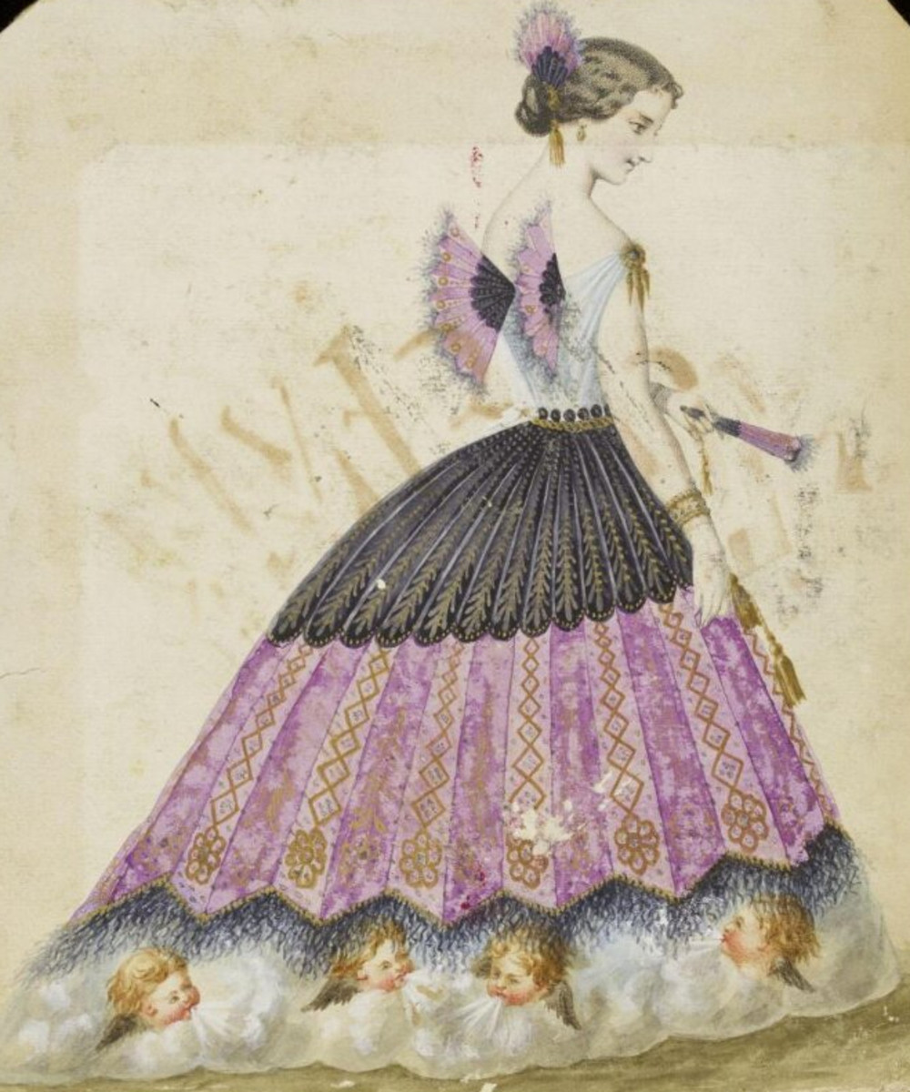 This design created by Léon Sault, possibly for Charles Frederick Worth, is perfect for vintage fan collectors, as the theme is a fan. The model carries a fan with black and gold sticks and a purple silk leaf edged with black feathers, which is repeated in the design of the overskirt. Duplicate fans are used as wings on the back of the bodice and as a hair ornament. Around the hem of the underskirt is a design showing wind heads (disembodied winged cherub's heads) which embody the breeze of the fan in use. It is a good example of how elaborate some fancy dress costumes could become when interpreting a simple concept.