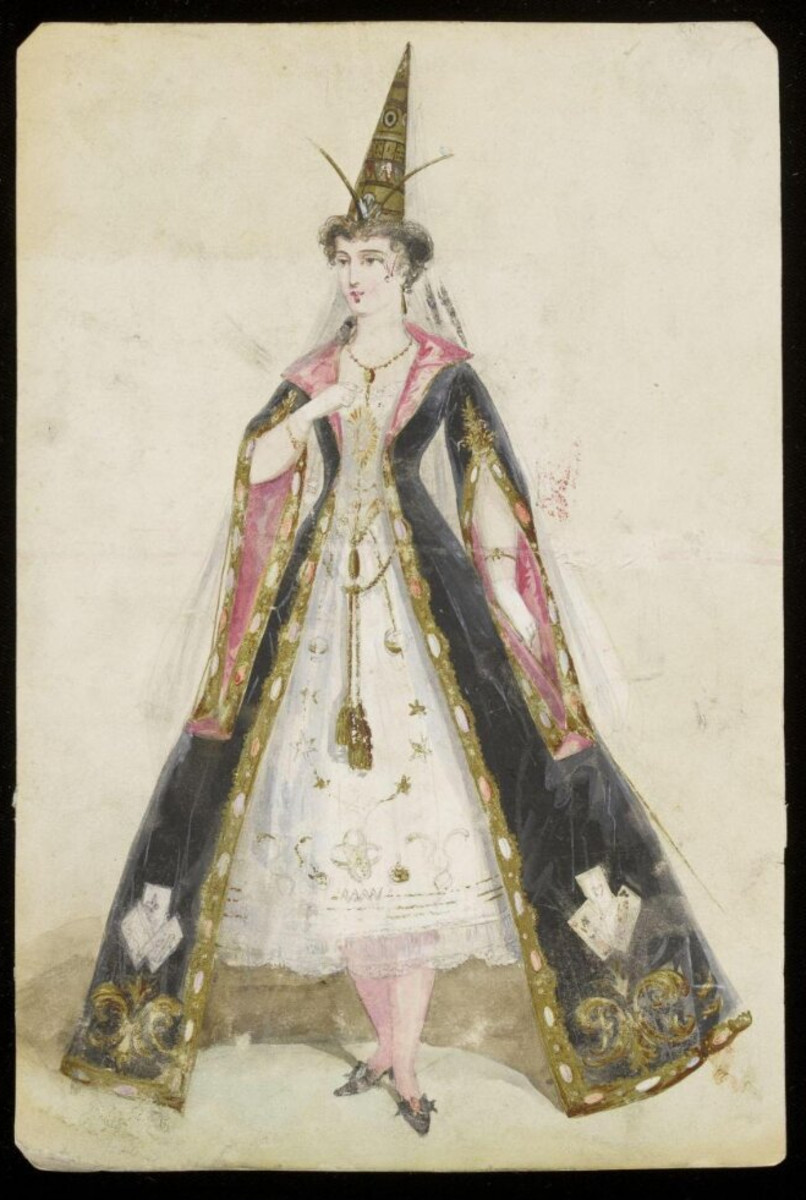 This design was created by Leon Sault, possibly for Charles Frederick Worth. It depicts a enchantress or sorceress wearing a robe with applied cards over a short white dress embroidered with gold stars and moons and various cabalistic motifs. In addition to this, the wearer wears a high, richly gold-encrusted pointed hat with a sheer veil attached to the point.