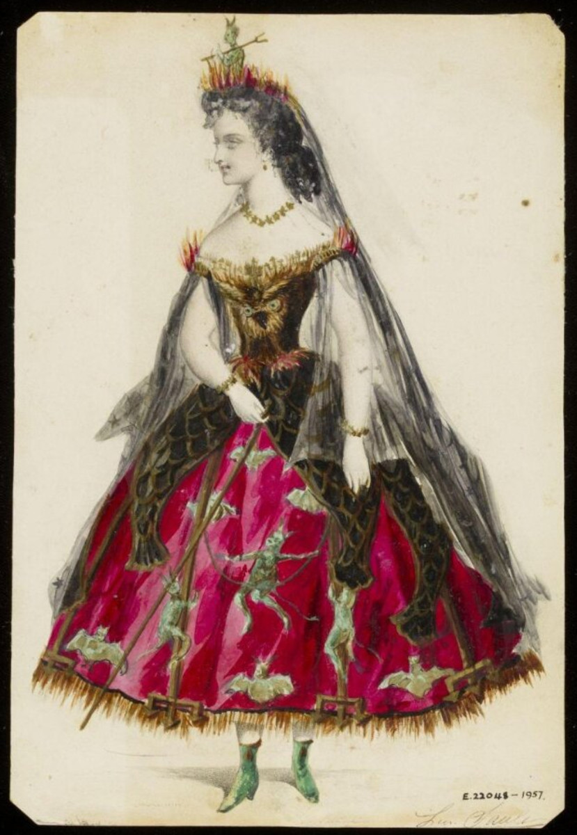 This design was created by Leon Sault, possibly for Charles Frederick Worth. It is one of the most startling and outrageous costume designs in Sault's collection. The deep crimson crinoline skirt is decorated with cavorting demons climbing up pitchforks and swinging from ropes, and bats in flight, with an overskirt shaped and patterned to suggest a black lizard skin with gilded scales. An owl in flight forms the wearer's bodice, and her headdress is a devil with horns and a pitchfork sitting in flames. She wears a veil and matching tulle oversleeves in black, spangled with stars and moons. The costume probably represents Hell, although it could also be "Nightmare."