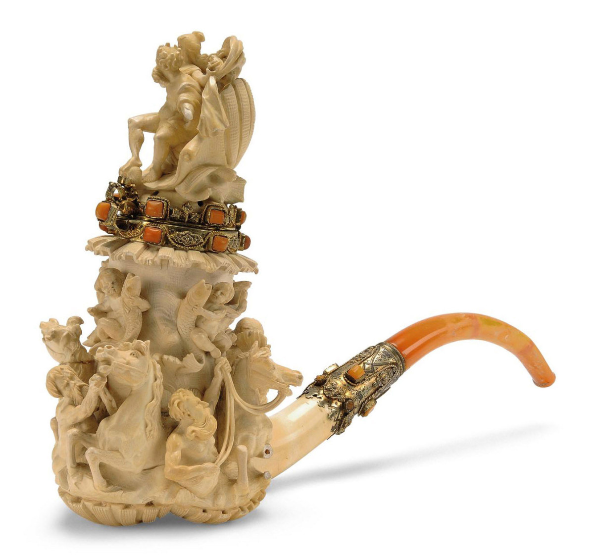 Majestic meerschaum pipe carved with the figure of Poseidon, nereids and sea horses, accented with coral beads and amber mouthpiece, Austria, c. 1875; 8-1/2” h. From the Trevor Barton Collection, this sold at Christie’s in 2010 for $13,000.
