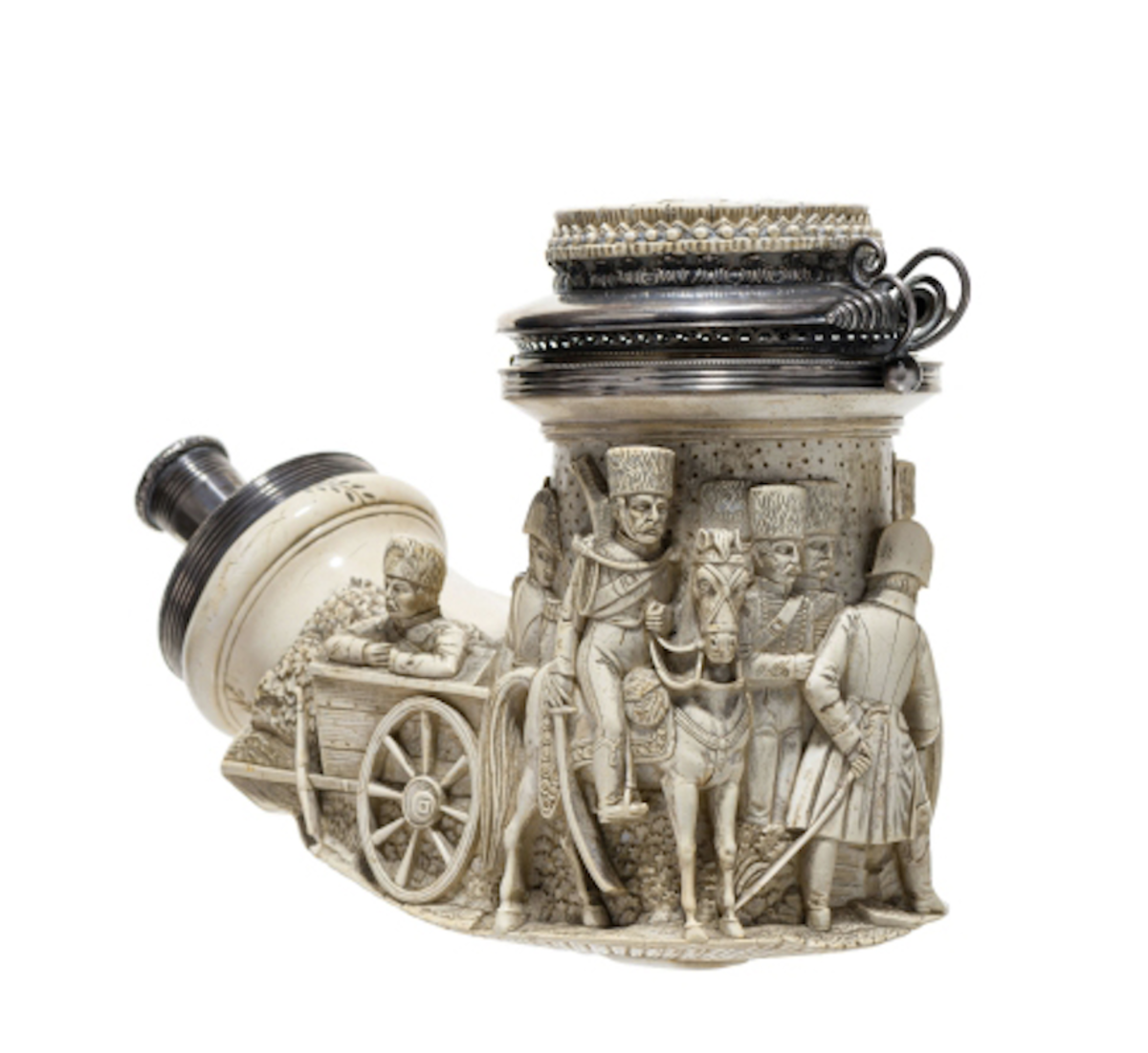 Meerschaum pipe bowl depicting Hungarian soldiers readying for war, c. 1850.