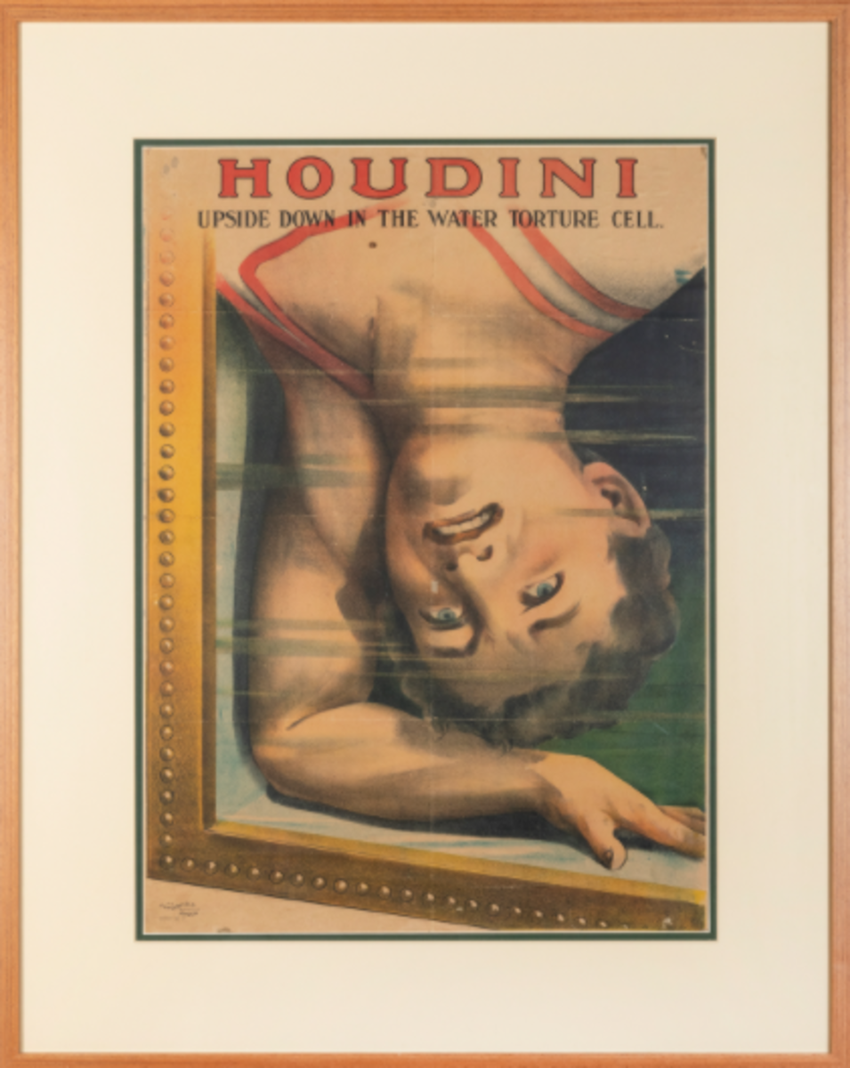 This poster, a decidedly dramatic and artistic depiction of the underwater escape Harry Houdini debuted in 1911, sold for $112,500. In performance, the magician freed himself from a sturdy tank made of glass, metal, and hardwood, filled with water and outfitted with a set of ankle stocks at its top. Houdini extricated himself from the locked cell after many nerve-wracking minutes had elapsed, after the audience had been instructed to hold its breath along with the magician while he remained submerged.