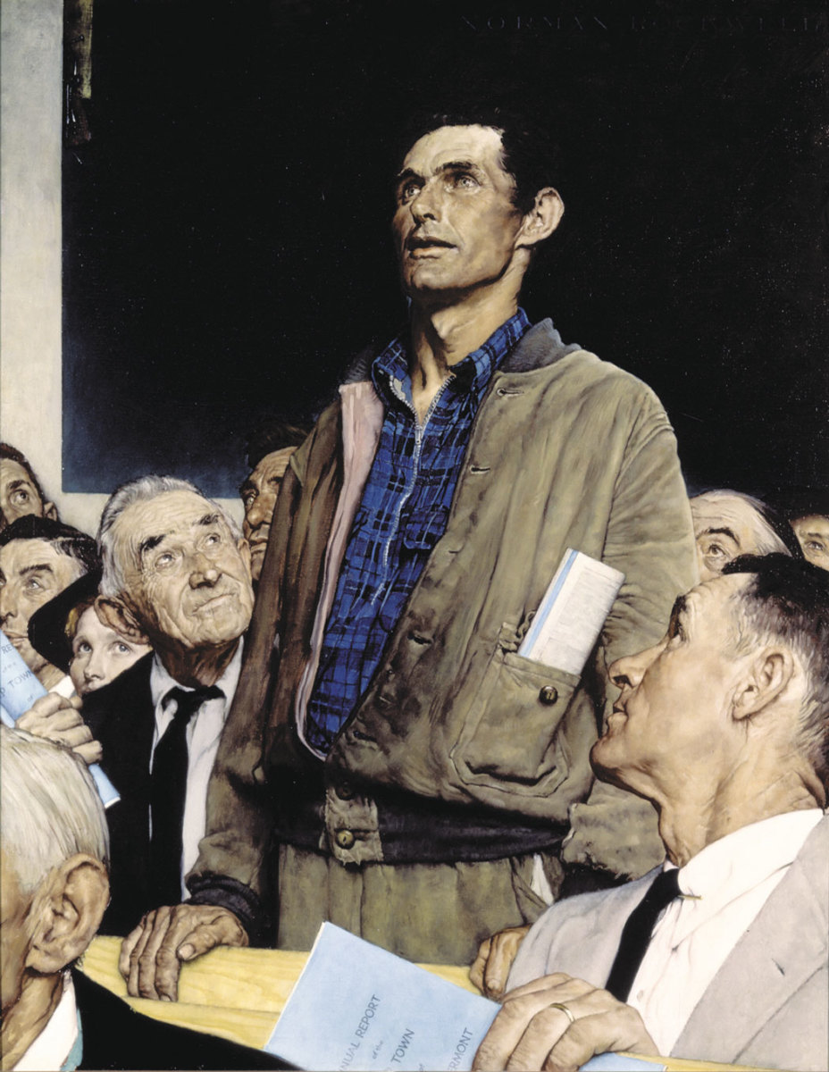 FREEDOM OF SPEECH, by Norman Rockwell, appeared on the cover of the Saturday Evening Post, Feb. 20, 1943.