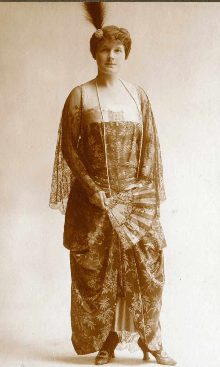 Hortense Mitchell Acton is wearing the green and pink Callot Soeurs' dress in this photo from the 1920s.