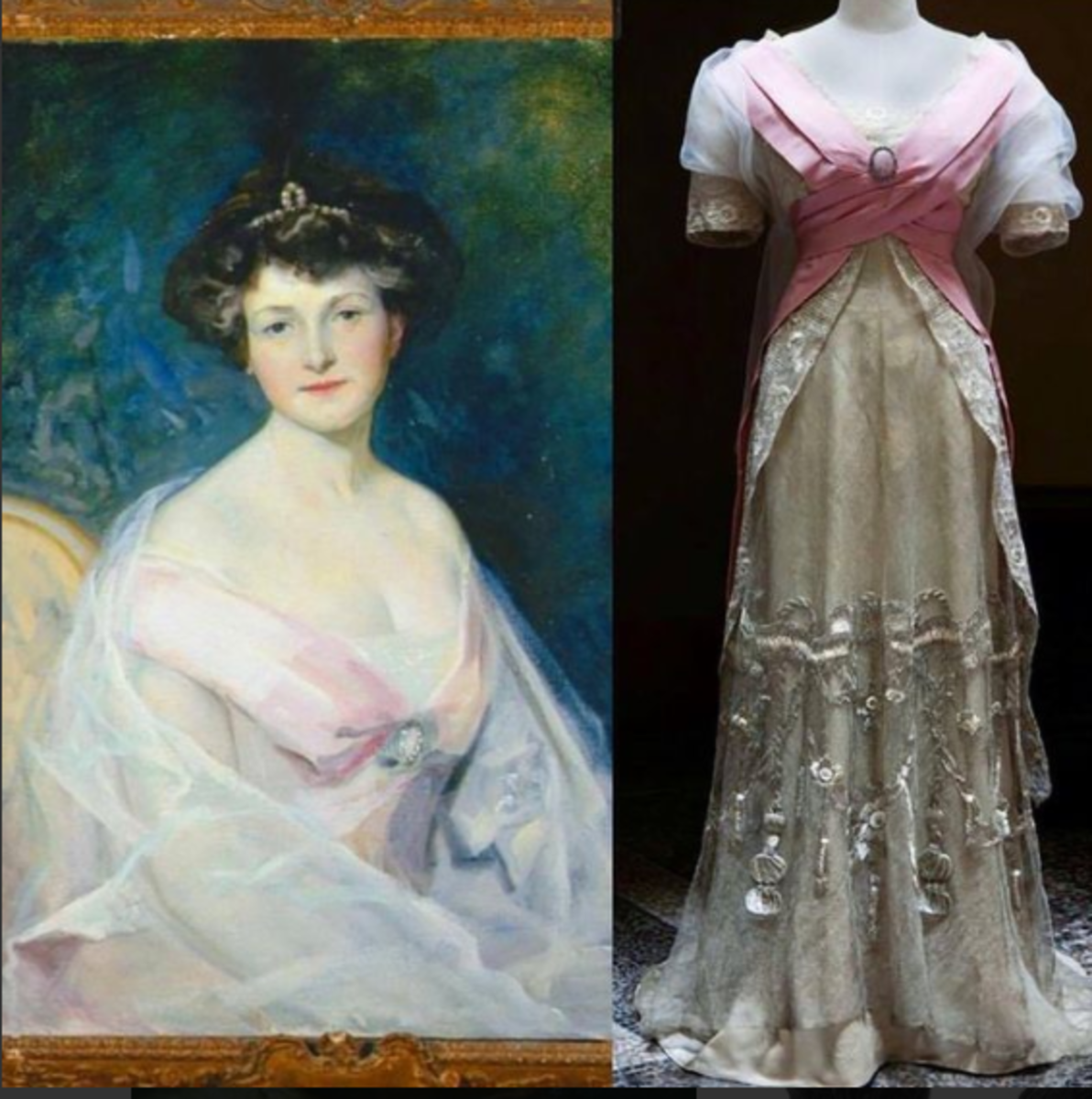 A pink and cream silk evening ballgown with embroidered metallic net overlay and train, circa 1907, and a portrait by Julius Rolshoven of American heiress Hortense Mitchell Acton wearing the dress.