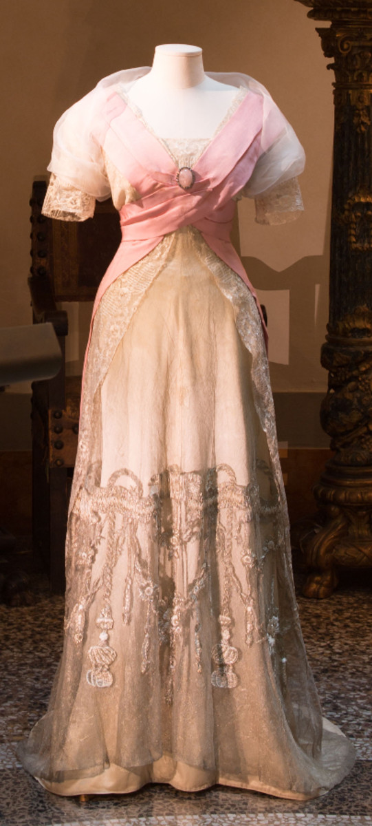 Acton's well-loved pink and cream silk evening gown.
