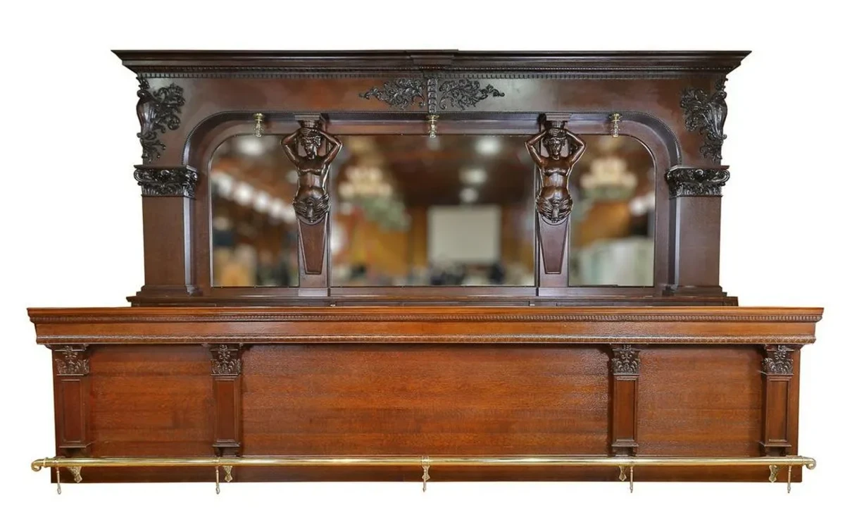 Recently discovered by pickers somewhere in rural Indiana, this magnificent 1898 Brunswick Los Angeles back bar has been completely and correctly restored to its former glory by some of the finest craftsmen in the Midwest. The bar is quarter sawn oak and measures 18 feet long, 130 inches high and 22-1/2 inches deep at the counter. The two original Brunswick semi-nude, life-sized female figures are hand-carved birch. These figures are unique to the Brunswick Los Angeles model and are flanked by two massive oak 46-inch-high columns. Estimate: $60,000-$100,000.