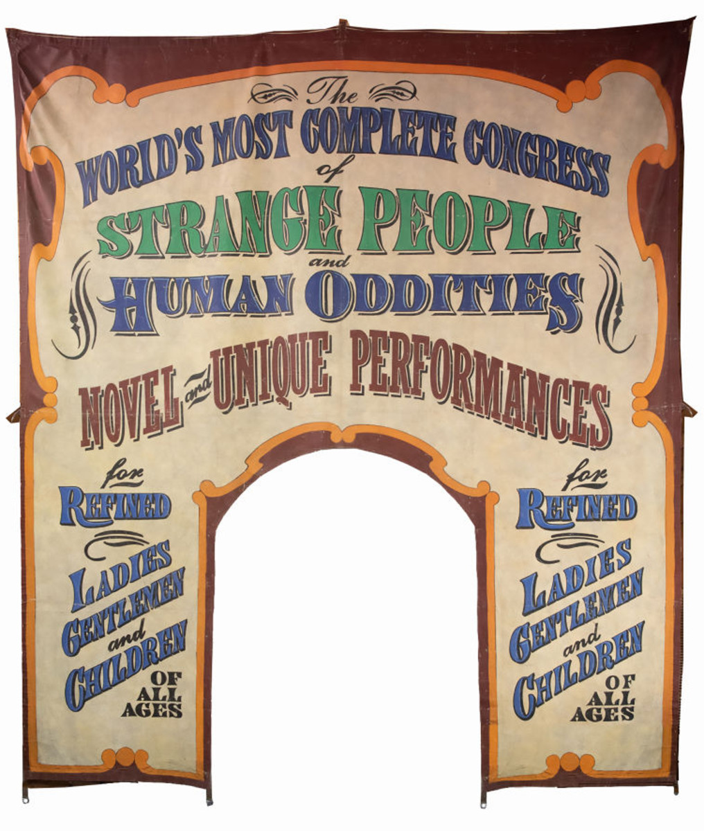 A massive circus tent entry banner reading, "The World's Most Complete Congress of Strange People and Human Oddities/Novel and Unique Performances/for Refined Ladies, Gentlemen, and Children of all ages." Made out of rubberized canvas and single sided, the banner is wonderfully detailed with a maroon border with orange interior border and would make a neat display piece; 14 feet 6 inches x 12 feet 7 inches. Estimate: $4,000-$6,000.