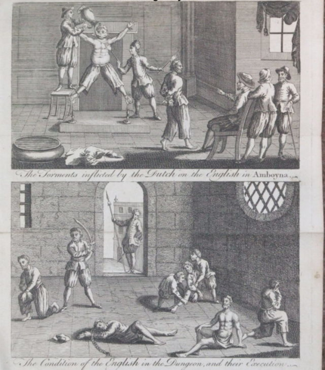 This copper engraving from approximately 1700 depicts the condition of the English prisoners at the hands of the Dutch. In the 1660s, the conflict and competition for the spice trade came to a head, with the Dutch murdering a number of merchants who were also in the Spice Islands trying to profit from the trade.
