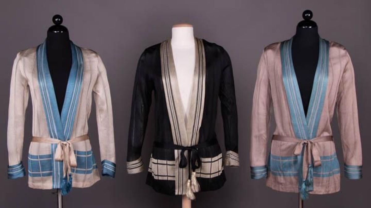 We love cardigans and these three matching ones, circa 1922, are swanky. All are Rayon machine knit and come in cream and sky blue, black and cream and mauve and sky blue. These are from the collection of Museum at FIT. Estimate: $300-$500.