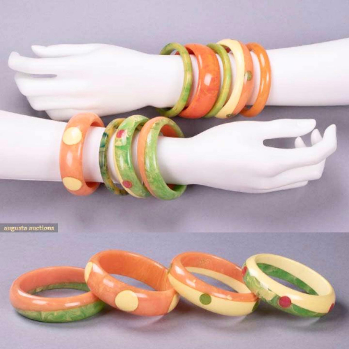 These mid-century modern bangles, including four by Bruce Pantii, are in marbleized greens, apricot, fuchsia and other fun colors and seem perfect for spring or whenever you want to add a pop of color to your wardrobe. Estimate: $400-$600.