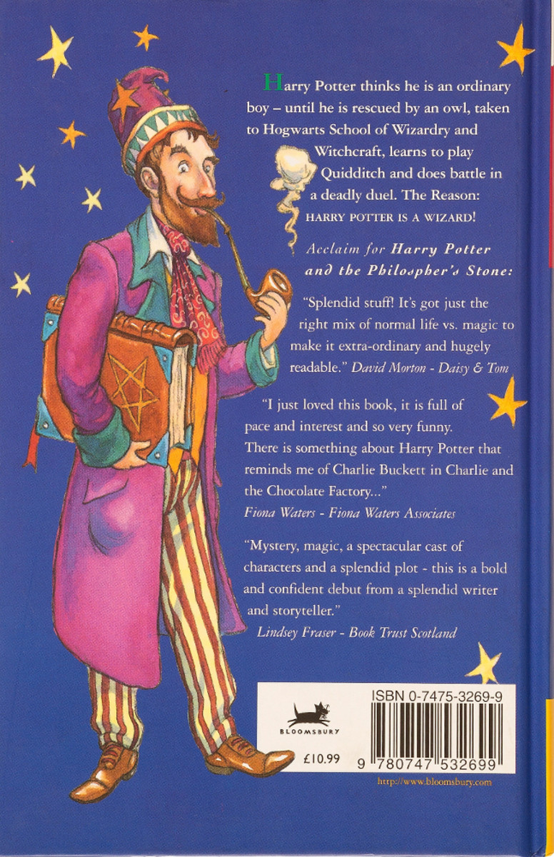 The back cover of Harry Potter and the Philosopher's Stone.