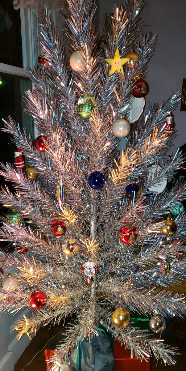 Bagley's Evergleam tree, decorated with glass bulbs and ornaments made by her grandkids.