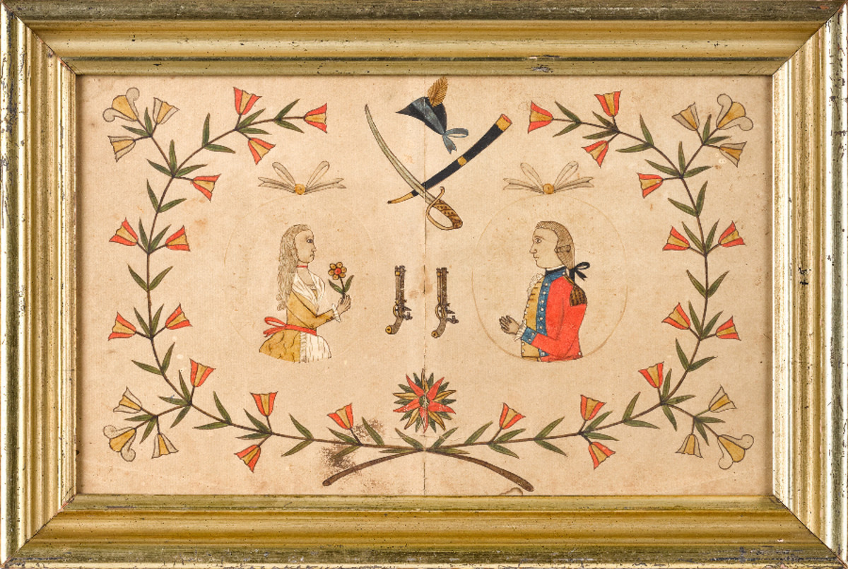 Ink and watercolor fraktur of a husband and wife flanking a pair of flintlock pistols and a sabre, all within a floral vine border; estimate: $8,000-$12,000;