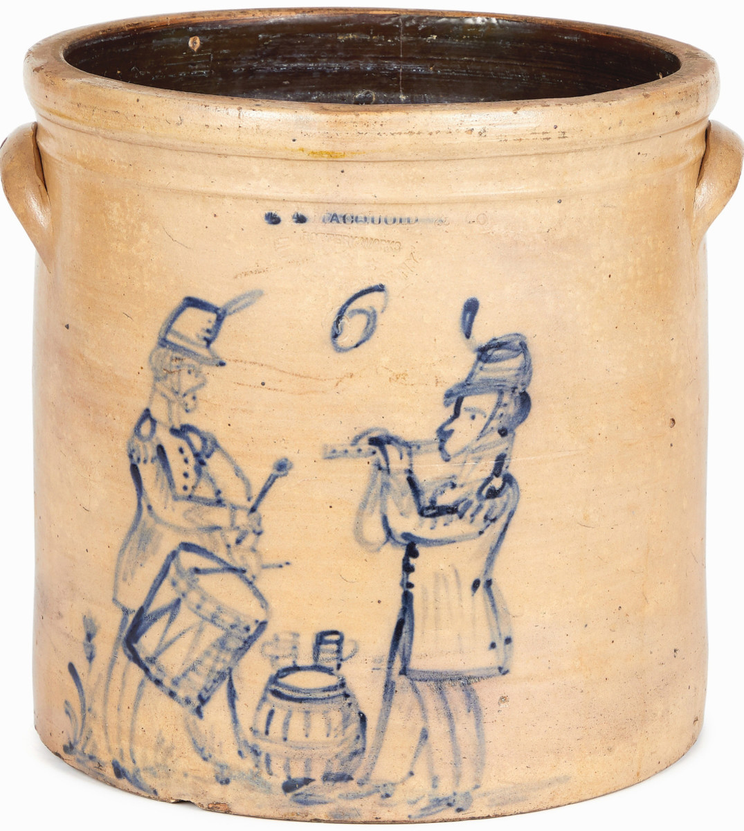 Two Civil War officers play a fife and drum around a keg in this cobalt-brushed crock by Manhattan potter William Macquoid and from the Bud and Judy Newman Collection. It sold for $51,660.