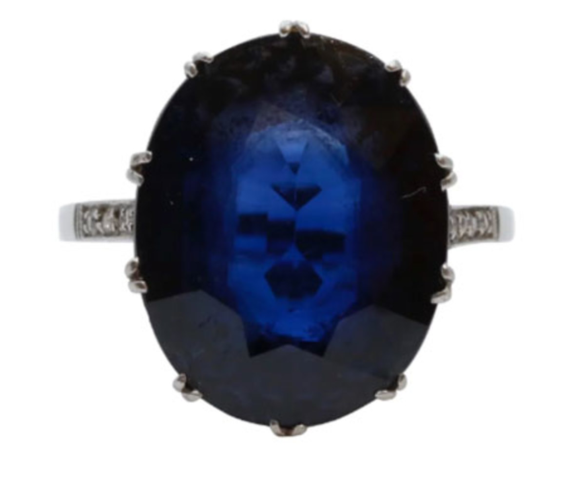This Art Deco ring with its large synthetic sapphire hits on two trends for 2022: non-diamonds as the main stone and the fact that more consumers are being eco-conscious and buying synthetic stones; $1,530.